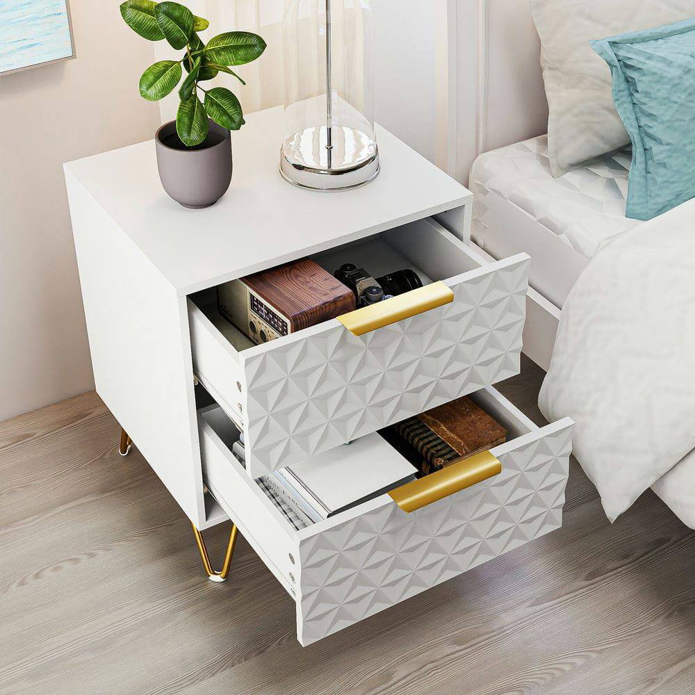 Alt View 6. Kadyn - 2-Piece Diamond Pattern Nightstand Set with Gold Handles and Hairpin Legs - White - White.