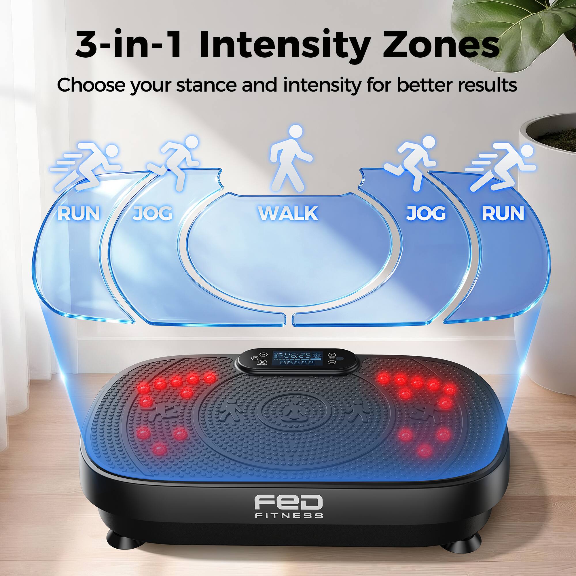 3-in-1 Intensity Zones  
Choose your stance and intensity for better results  
RUN  
JOG  
WALK  
JOG  
RUN  

05.25 1  
.. Ce A  
s  
FeD FITNESS