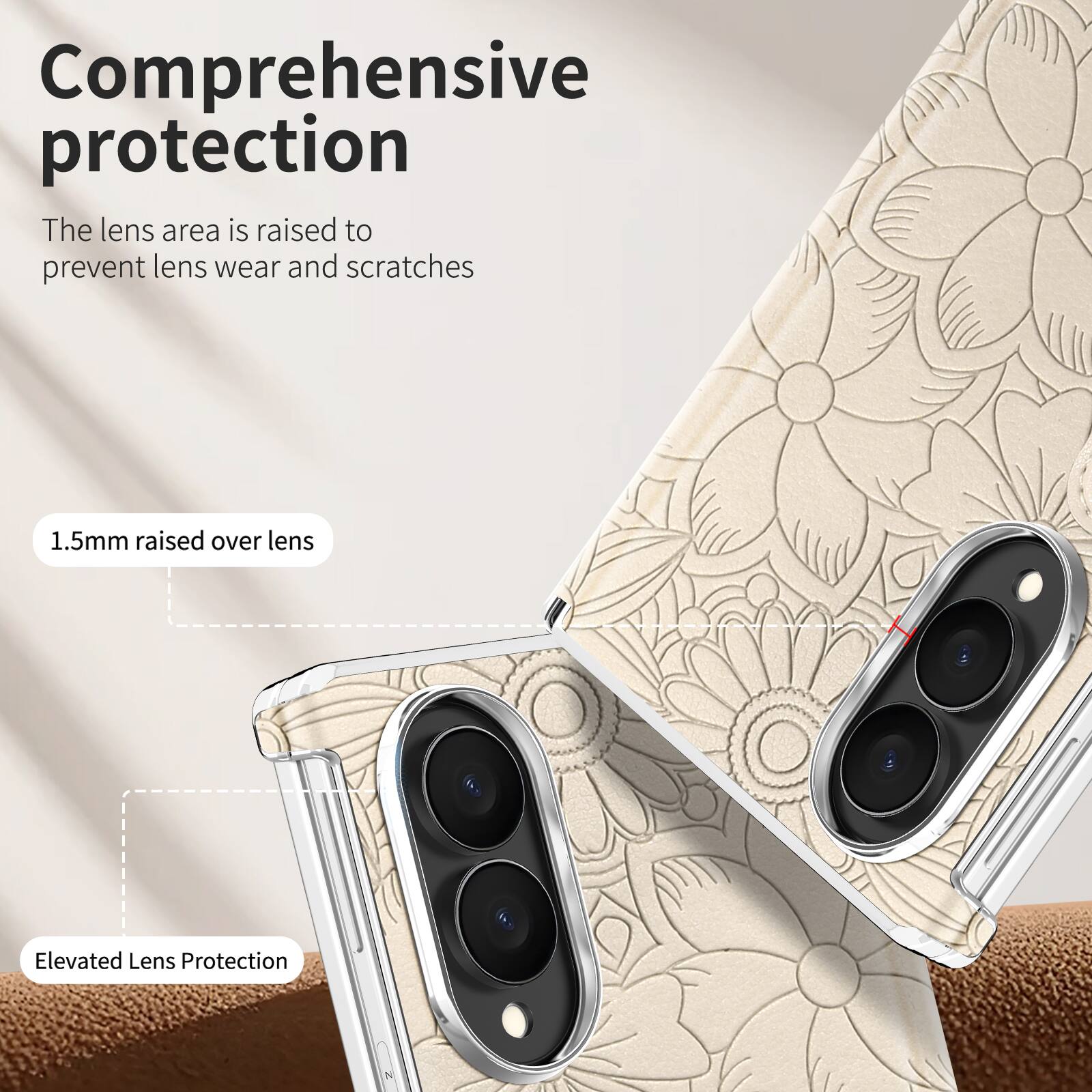 Comprehensive protection  
The lens area is raised to prevent lens wear and scratches  

1.5mm raised over lens  

Elevated Lens Protection