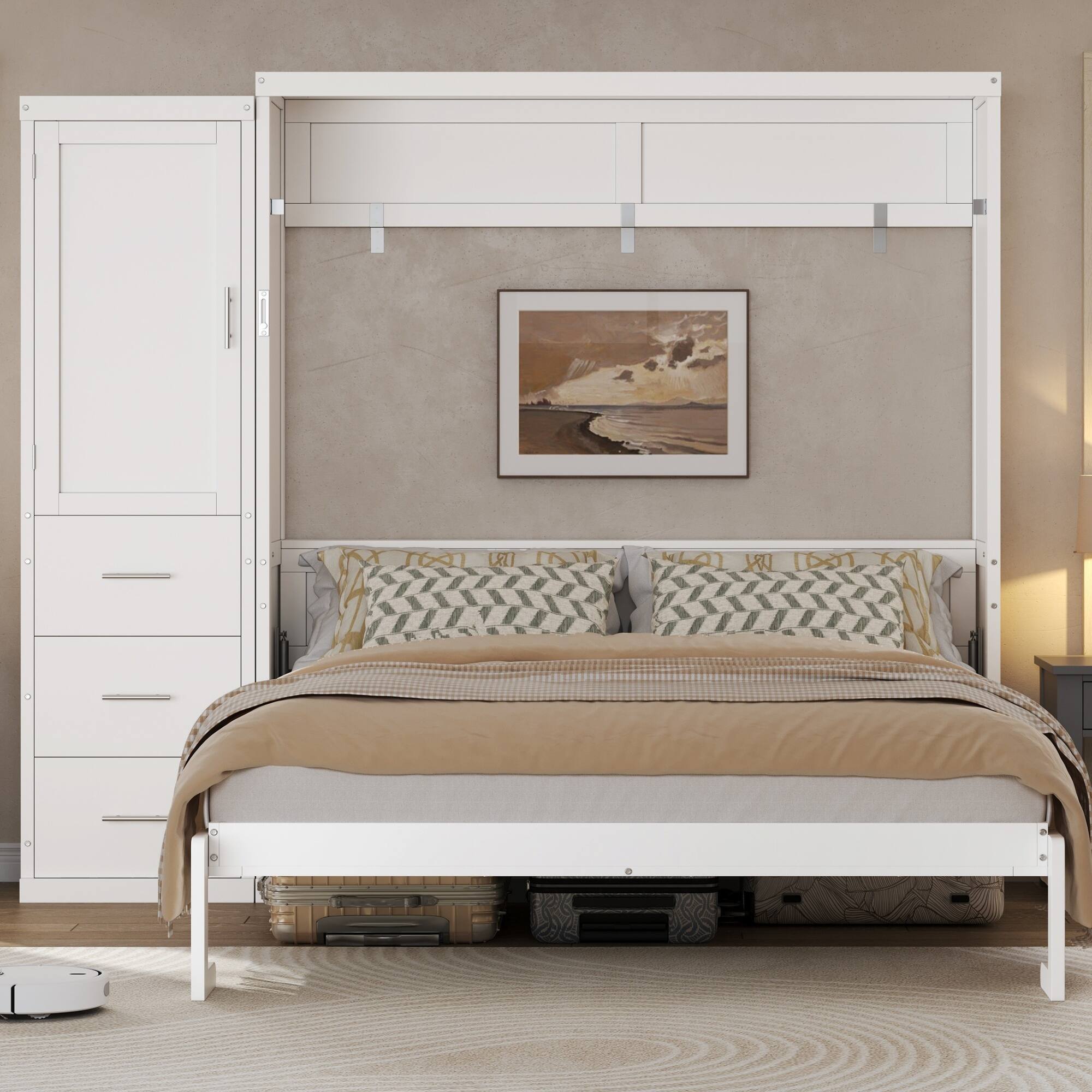Angle. Whisen - Queen Size Murphy Bed with Wardrobe and Drawers, Space-Saving Folding Bed for Guest Room and Small Spaces - White.