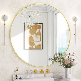 HOMLUX - 30 Inch Round Wall Mirror Gold Aluminum Frame Circle Mirror for Bathroom Vanity Entryway Living Room