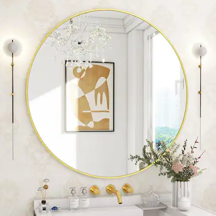 Front. HOMLUX - 30 Inch Round Wall Mirror Gold Aluminum Frame Circle Mirror for Bathroom Vanity Entryway Living Room.
