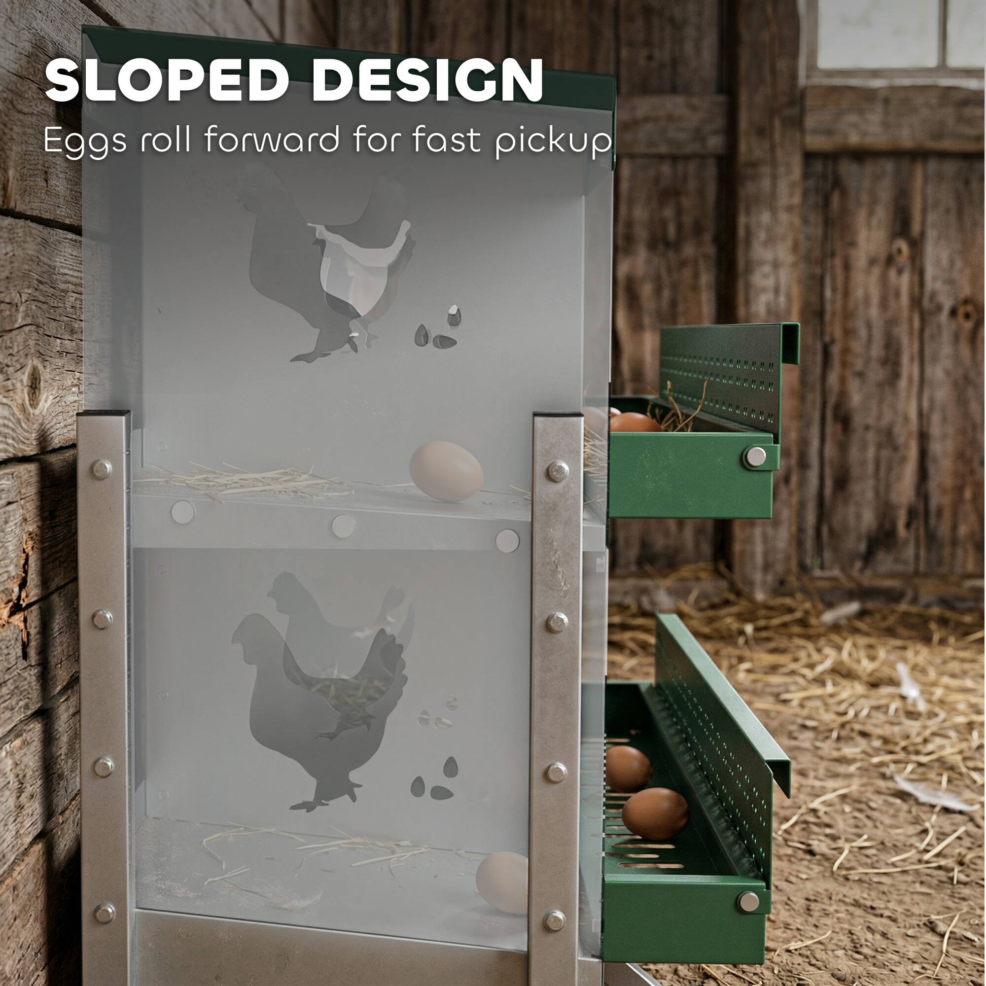 SLOPED DESIGN  
Eggs roll forward for fast pickup