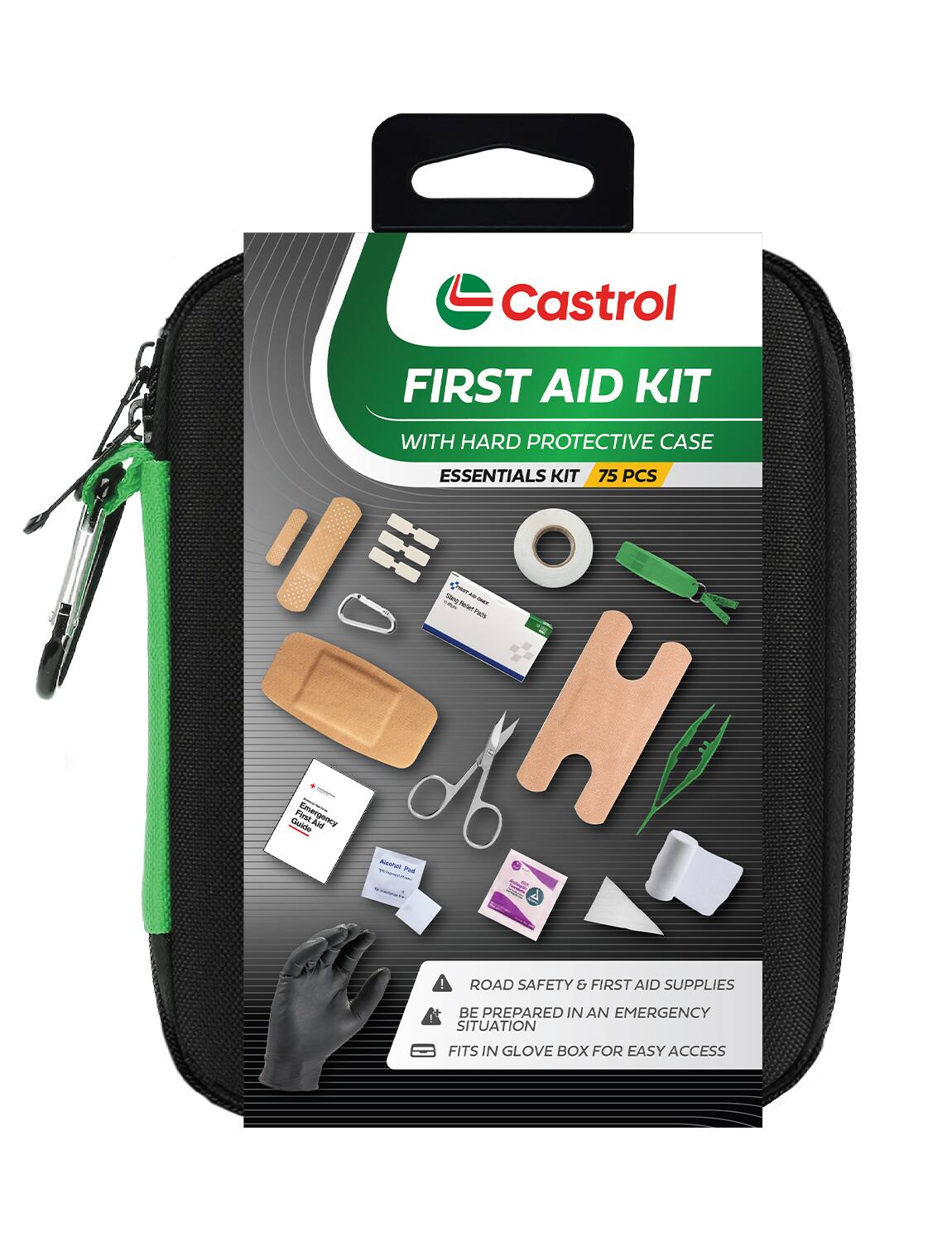 Castrol FIRST AID KIT WITH HARD PROTECTIVE CASE  
Essentials Kit 75 PCS  

ROAD SAFETY & FIRST AID SUPPLIES  
BE PREPARED IN AN EMERGENCY SITUATION  
FITS IN GLOVE BOX FOR EASY ACCESS