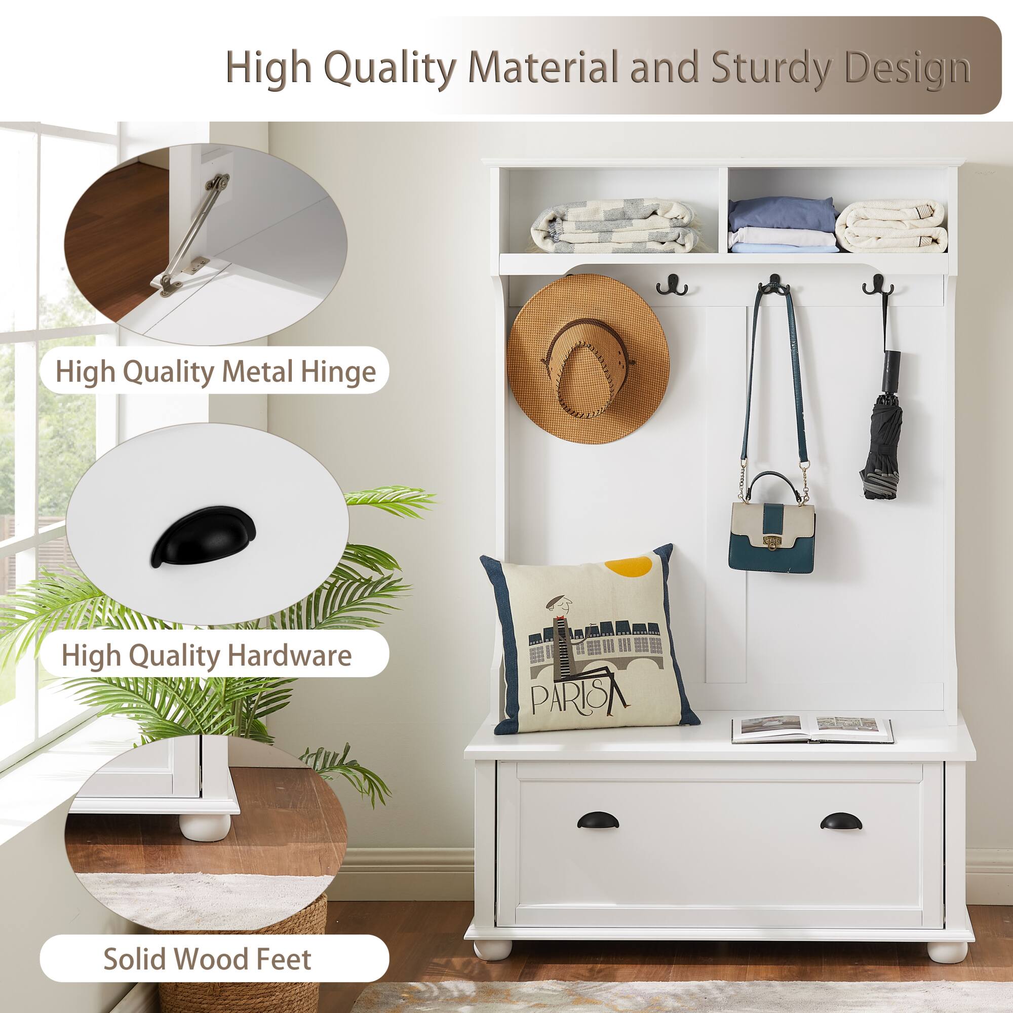 High Quality Material and Sturdy Design

- High Quality Metal Hinge
- High Quality Hardware
- Solid Wood Feet