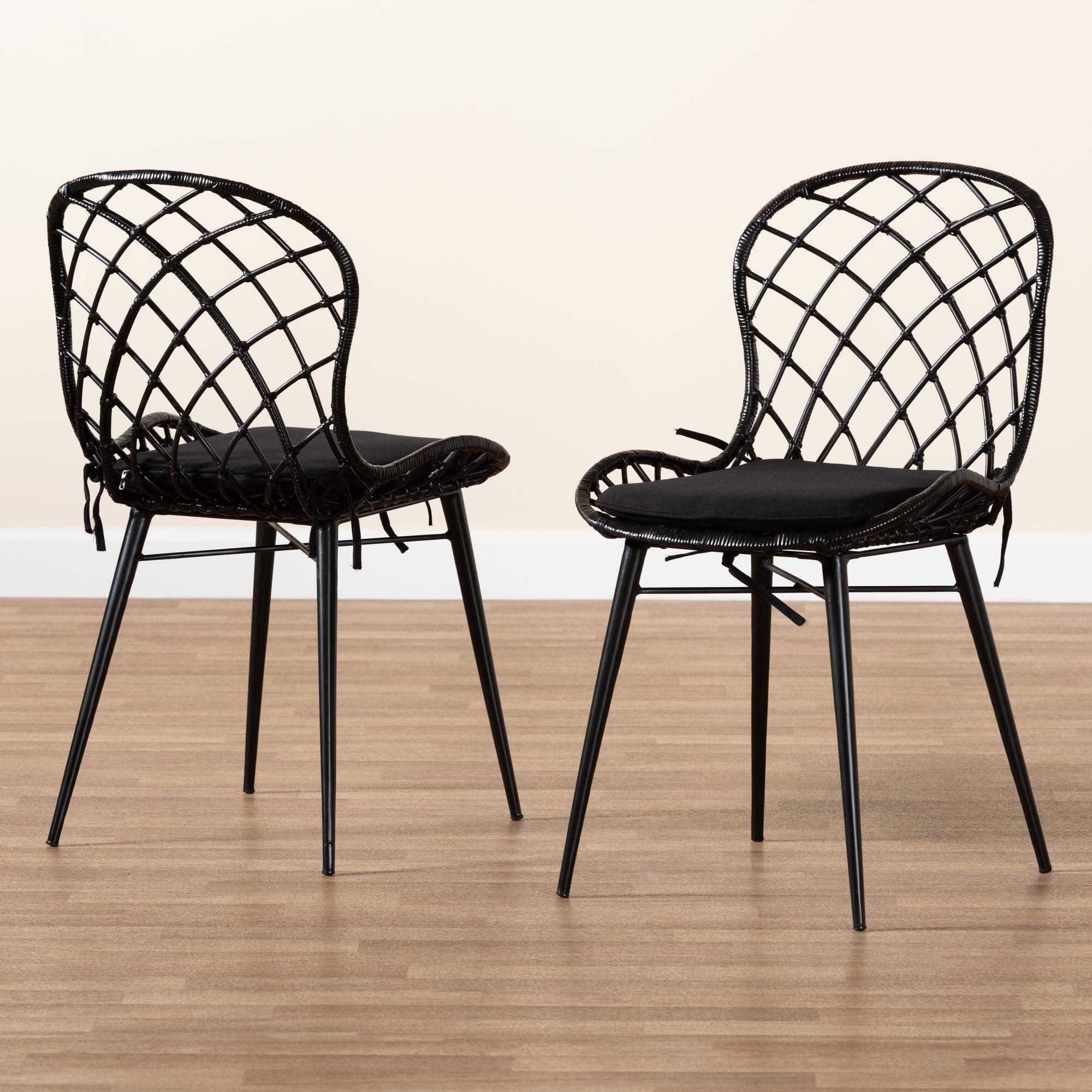 Alt View 4. bali & pari - Sabelle Modern Bohemian Finished Rattan and Metal 2-Piece Dining Chair Set - Black.