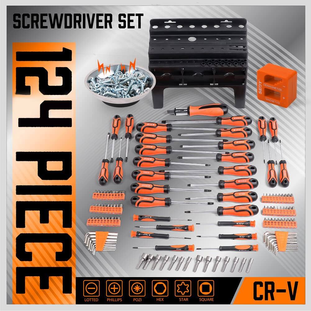 Screwdriver Set  
124 Piece  
+ JNEe LOTTED PHILLIPS POZI EX SHIP STAR SQUARE  
SEDY DEMAGNETIZER  
CR-V