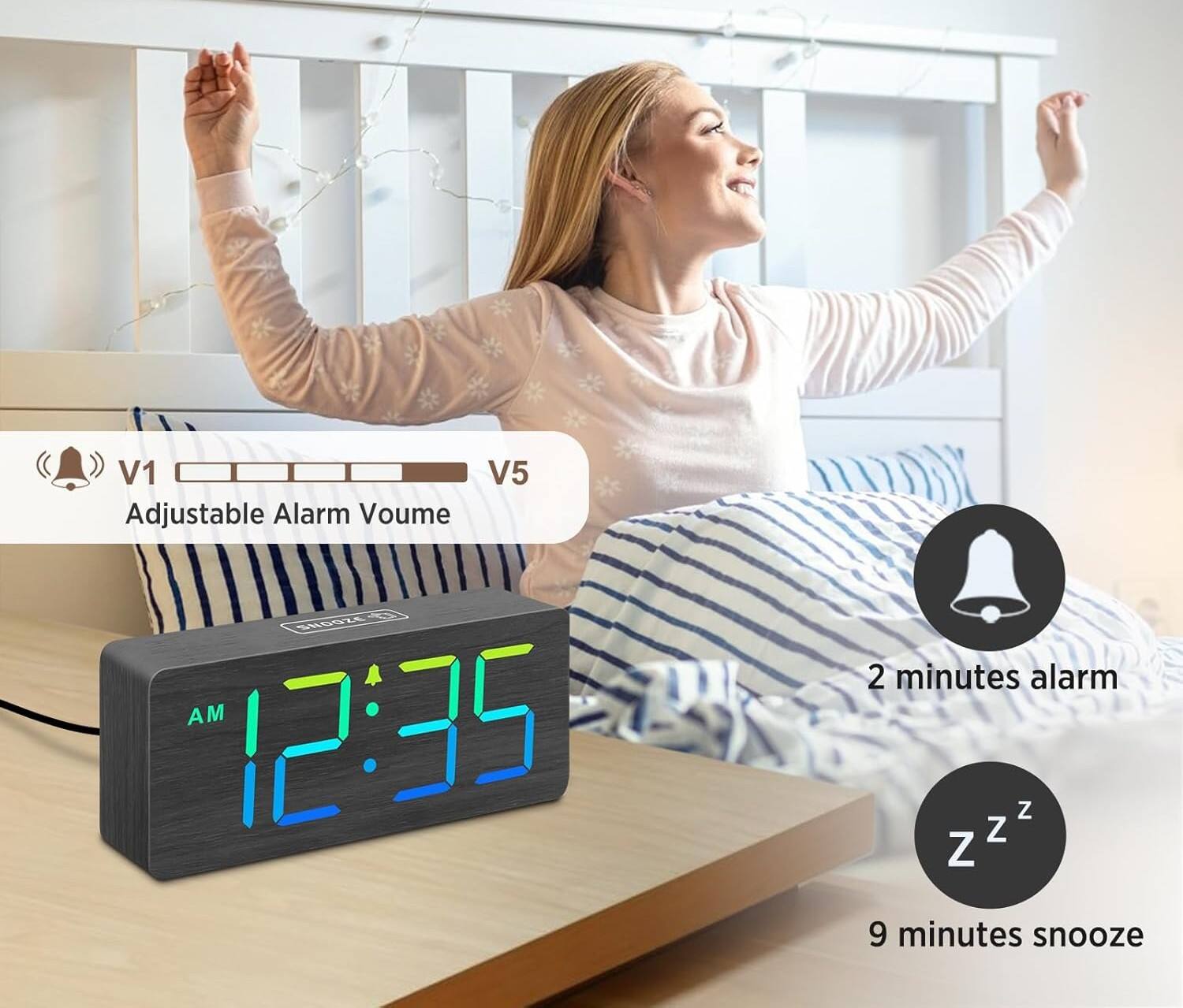 V1 V5 Adjustable Alarm Volume  
9G AM 12:35  
2 minutes alarm  
9 minutes snooze