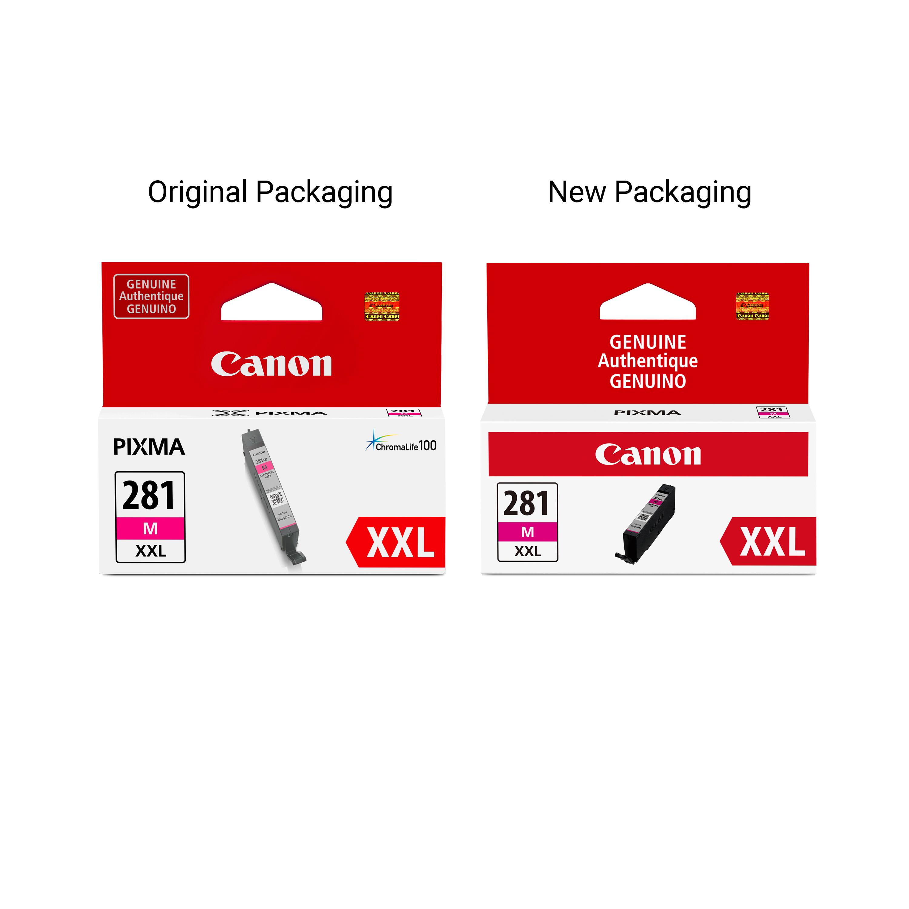 Original Packaging  
New Packaging  

GENUINE Authentique GENUINO  
Canon  

PIXMA  
281 M XXL  
Chromalife 100  

XXL