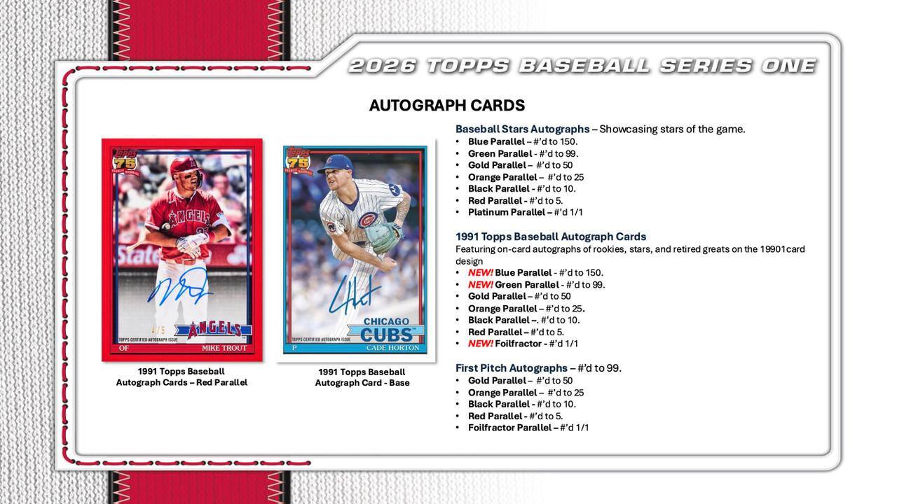2026 TOPPS BASEBALL SERIES ONE AUTOGRAPH CARDS

Baseball Stars Autographs - Showcasing stars of the game.
- Blue Parallel - #d to 150
- Green Parallel - #d to 99
- Gold Parallel - #d to 50
- Orange Parallel - #d to 25
- Black Parallel - #d to 10
- Red Parallel - #d to 5
- Platinum Parallel - #d 1/1

1991 Topps Baseball Autograph Cards
Featuring on-card autographs of rookies, stars, and retired greats on the 1990 card design
- Blue Parallel - #d to 150
- Green Parallel - #d to 99
- Gold Parallel - #d to 50
- Orange Parallel - #d to 25
- Black Parallel - #d to 10
- Red Parallel - #d to 5
- NEW! Foilfractor - #d 1/1

First Pitch Autographs - #d to 99
- Gold Parallel - #d to 50
- Orange Parallel - #d to 25
