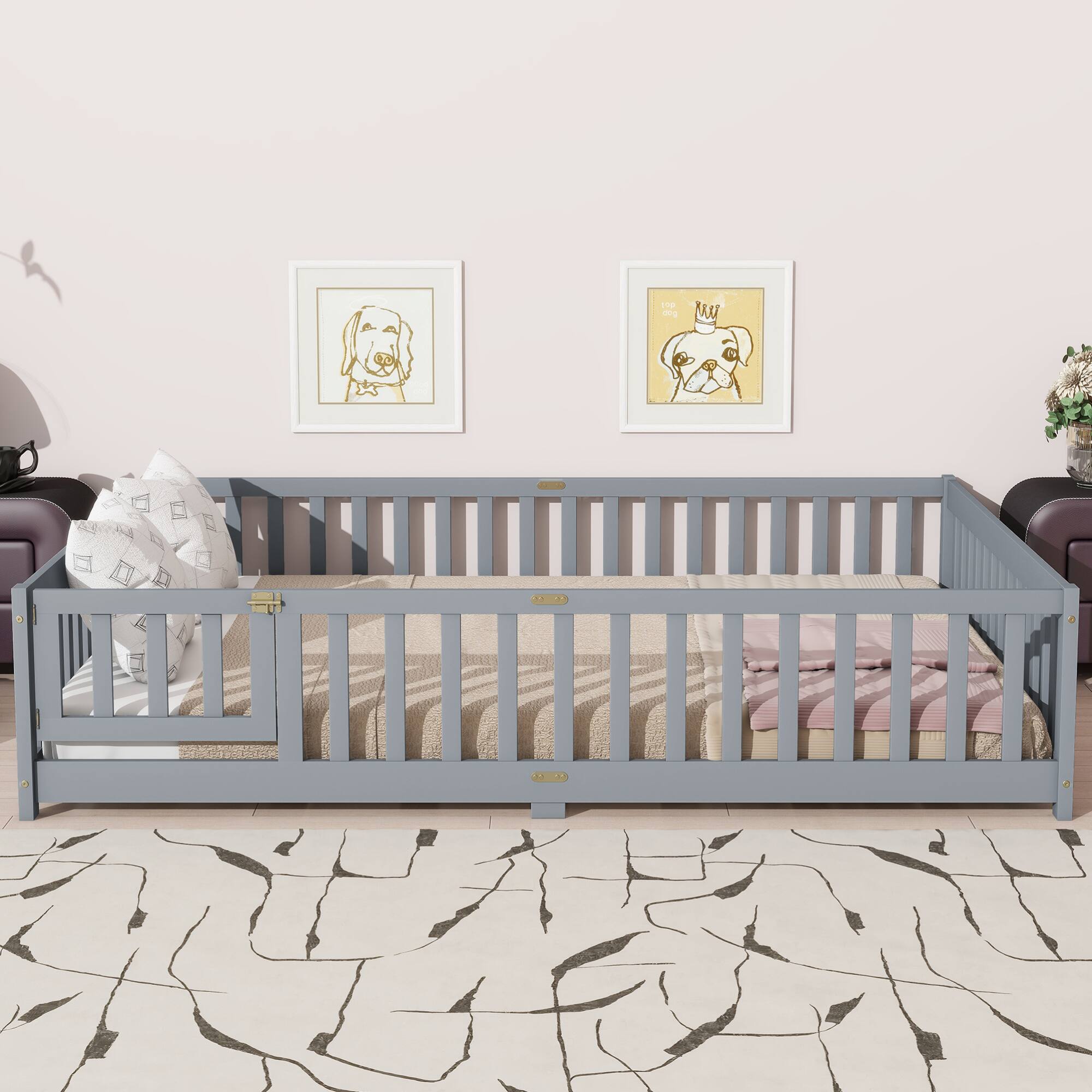 Back. GOODSILO - Queen Size Low-Profile Platform Bed with Safety Guardrails and Entry Door for Secure Sleeping Space - Grey.