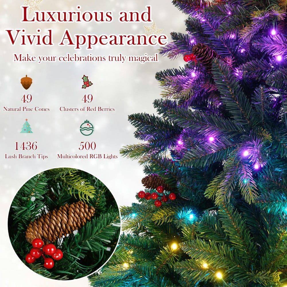 Luxurious and Vivid Appearance  
Make your celebrations truly magical  

49 Natural Pine Cones  
49 Clusters of Red Berries  
1436 Lush Branch Tips  
500 Multicolored RGB Lights
