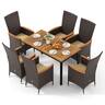 Costway - 7 PCS Outdoor Patio Wicker Armchairs Acacia Wood Table with Umbrella Hole, Cushions - Mix Brown