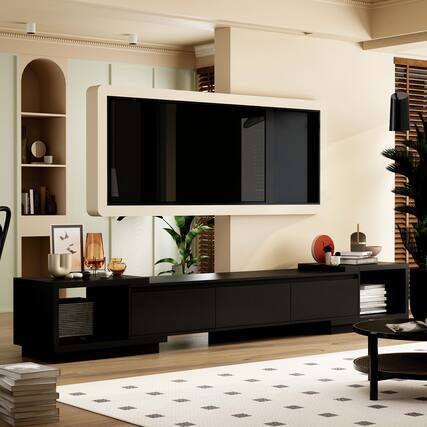 Front. FUFU&GAGA - Extendable TV Stand for 80 Inch TVs, Entertainment Center with Storage Drawers and Open Shelves, Modern Media Console - Black.