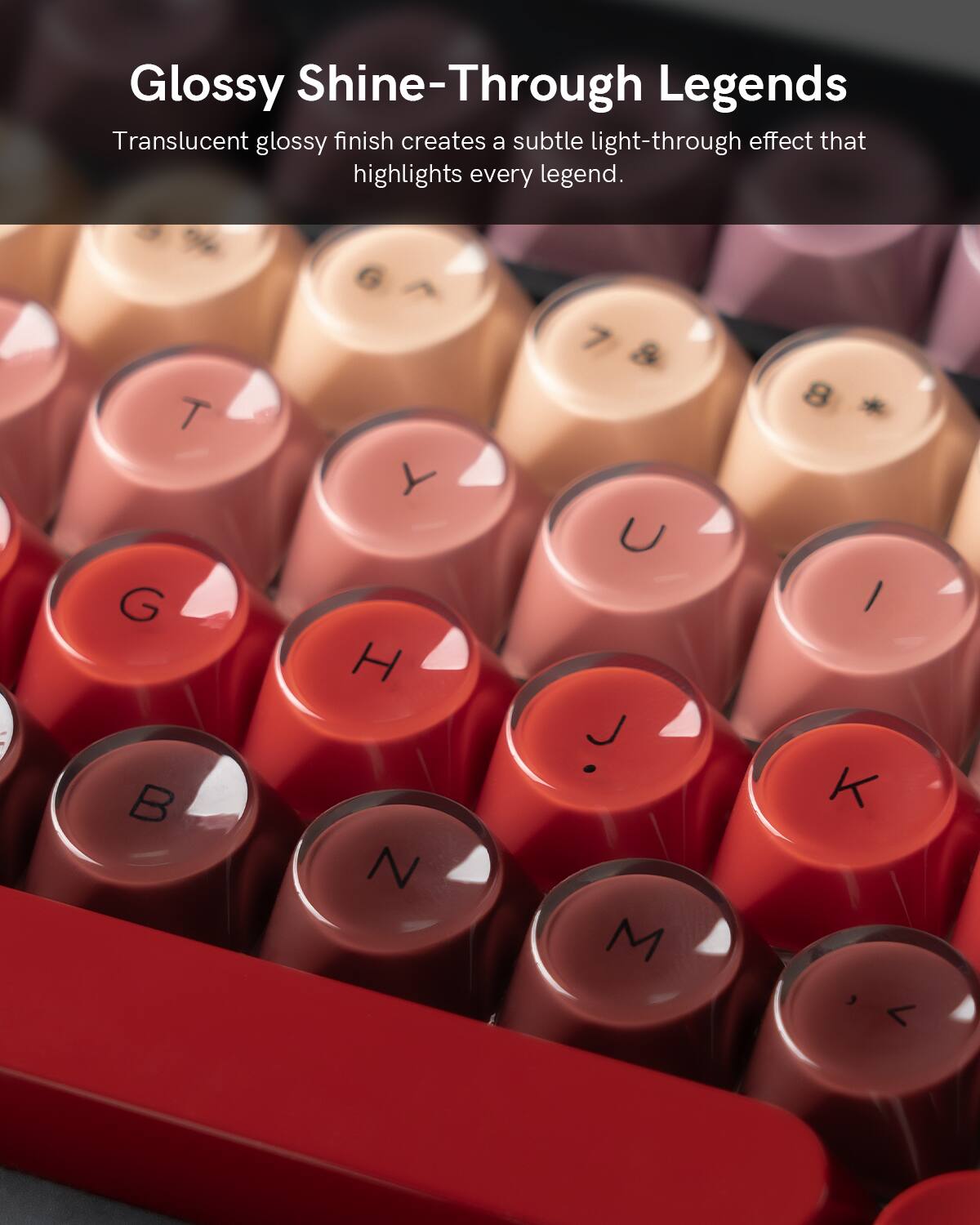 Glossy Shine-Through Legends  
Translucent glossy finish creates a subtle light-through effect that highlights every legend.