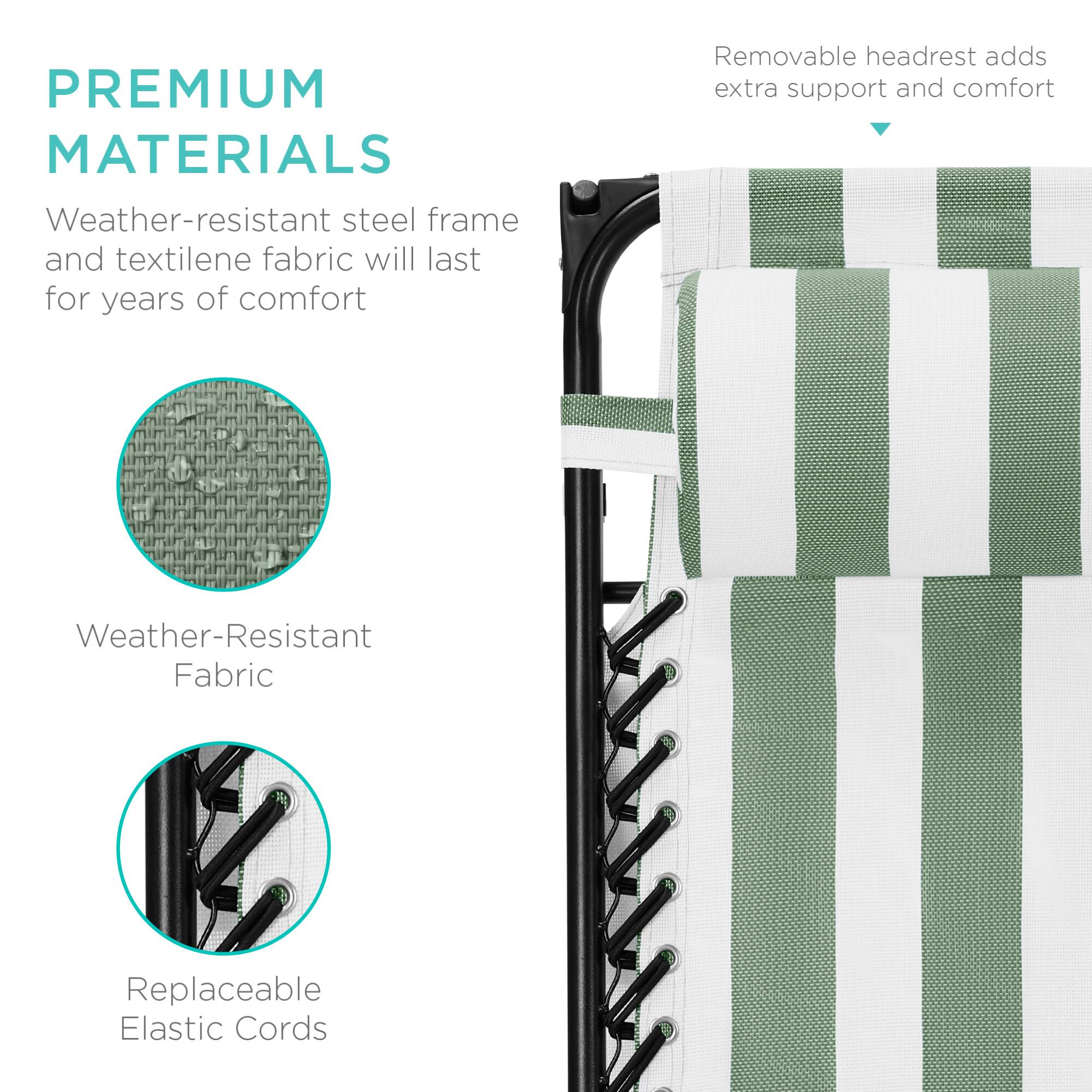 PREMIUM MATERIALS  
Weather-resistant steel frame and textilene fabric will last for years of comfort  
Removable headrest adds extra support and comfort  
Weather-Resistant Fabric  
Replaceable Elastic Cords