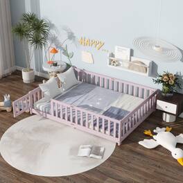 GOODSILO - Full Size Floor Bed with Safety Fence and Revolving Door for Children, Sturdy Rubber Wood Construction - Pink