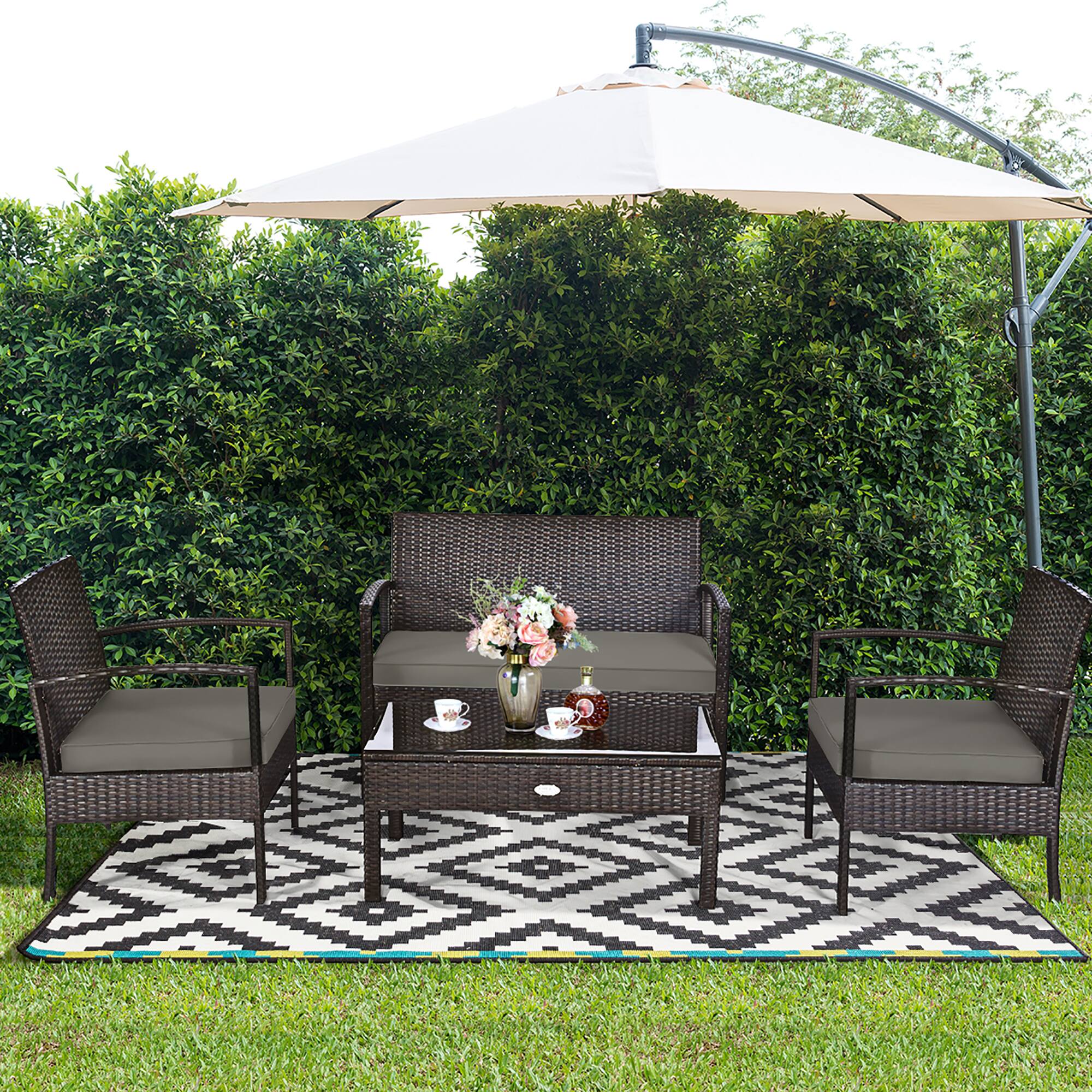 Alt View 3. Costway - Costway 4 PCS Patio Rattan Wicker Furniture Set Brown Loveseat Sofa Cushioned Garden Yard - Brown.