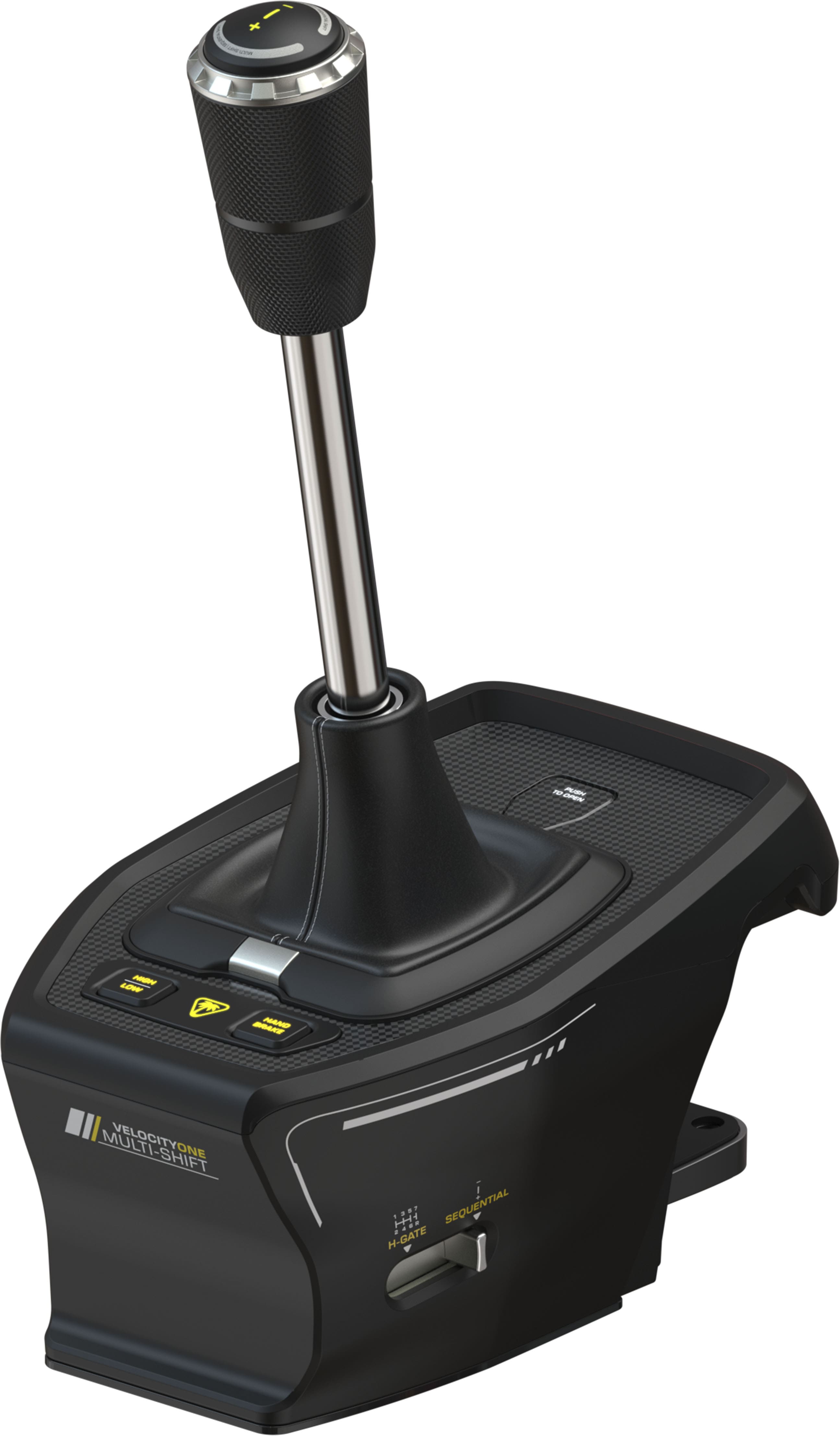 The image features a black and silver steering wheel controller with a multi-shift H-gate and a sequential shifter. The controller is designed for use with racing simulators and has a sleek, modern appearance. The wheel is positioned in the center of the image, with the controller's buttons and controls visible on the sides. The overall design of the controller suggests that it is intended for a more immersive and realistic gaming experience.