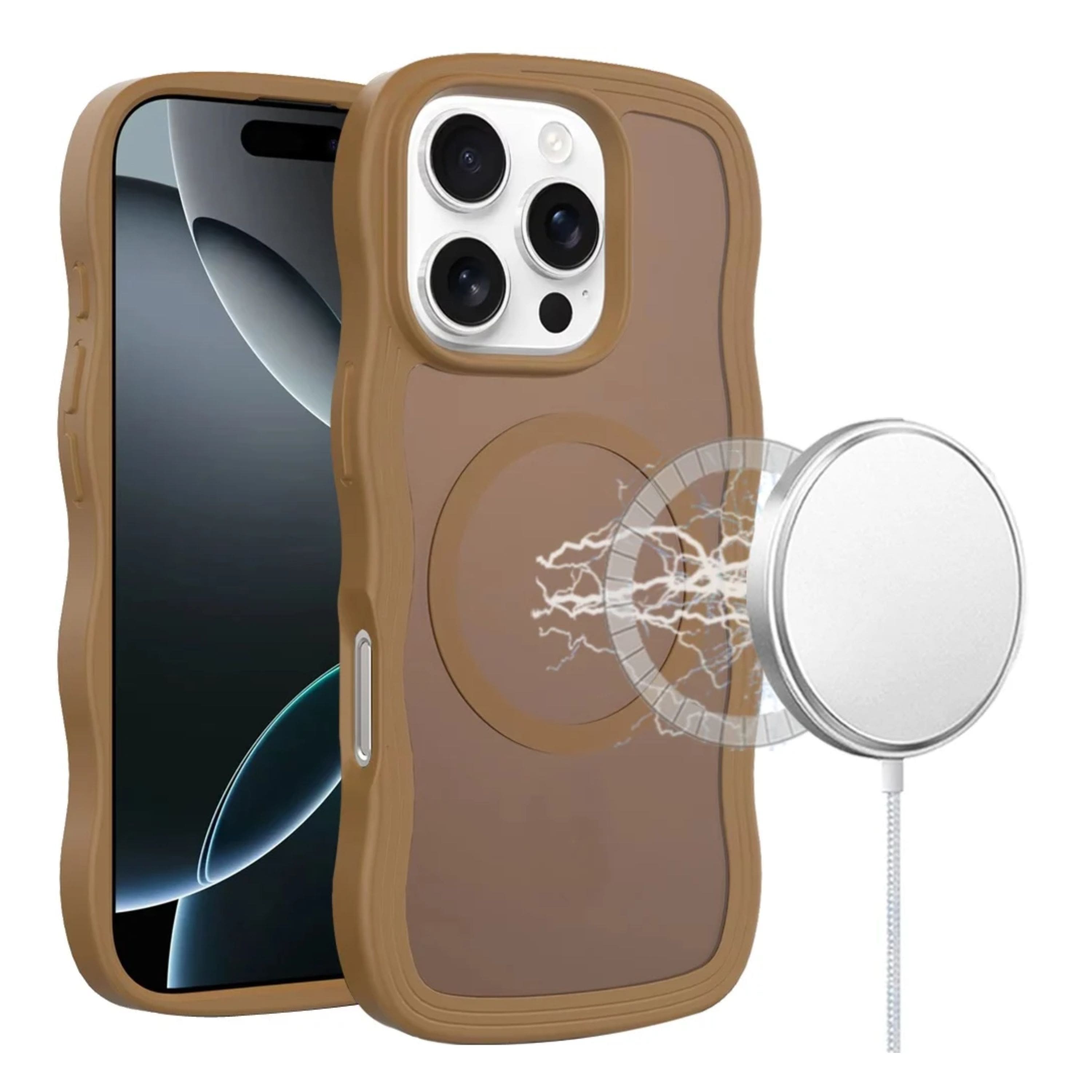 Kitcheniva - Wavy Side Grip Magnetic Circle Phone Case With Tempered Glass For iPhone 16 Pro Max - Coffee price history on PriceWatchPro