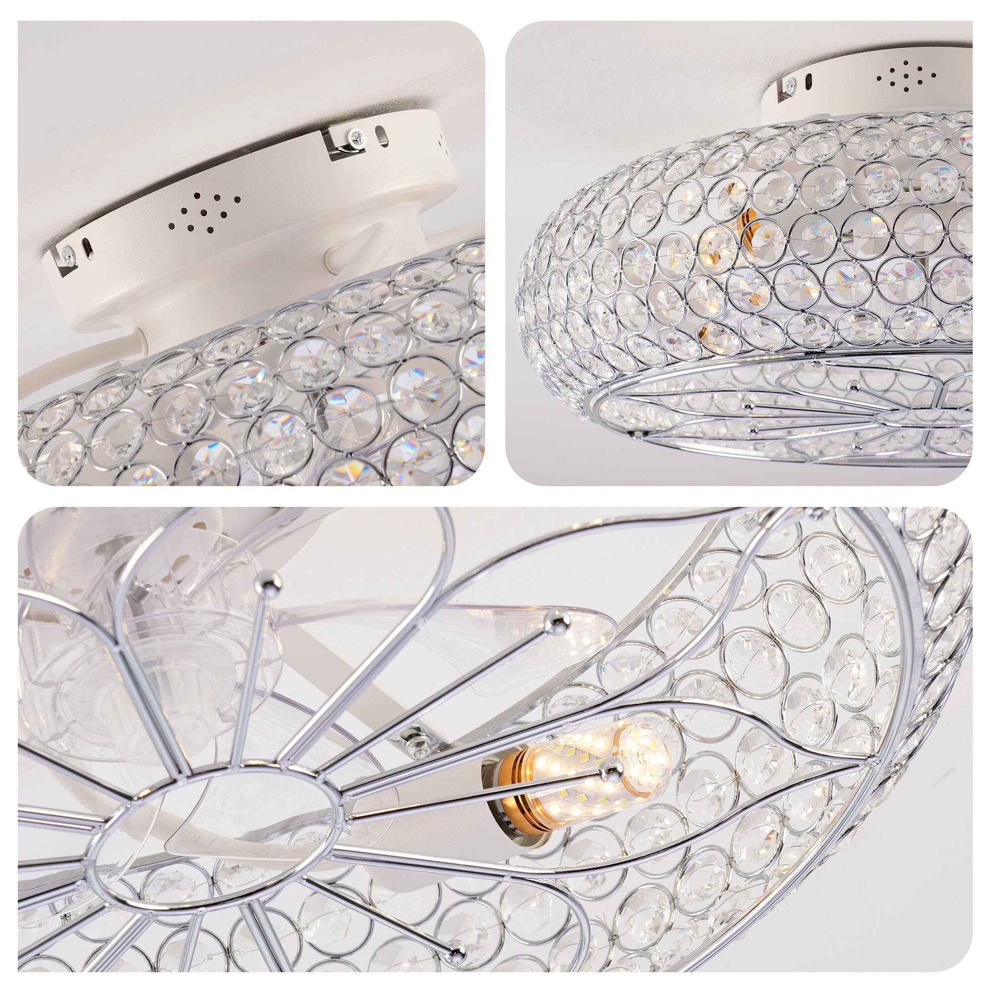 Alt View 5. Sofucor - Caged Crystal Ceiling Fans with Lights and Remote,20" Flush Mount Low Profile Enclosed Ceiling Fan for Bedroom Kitchen - Chrome.