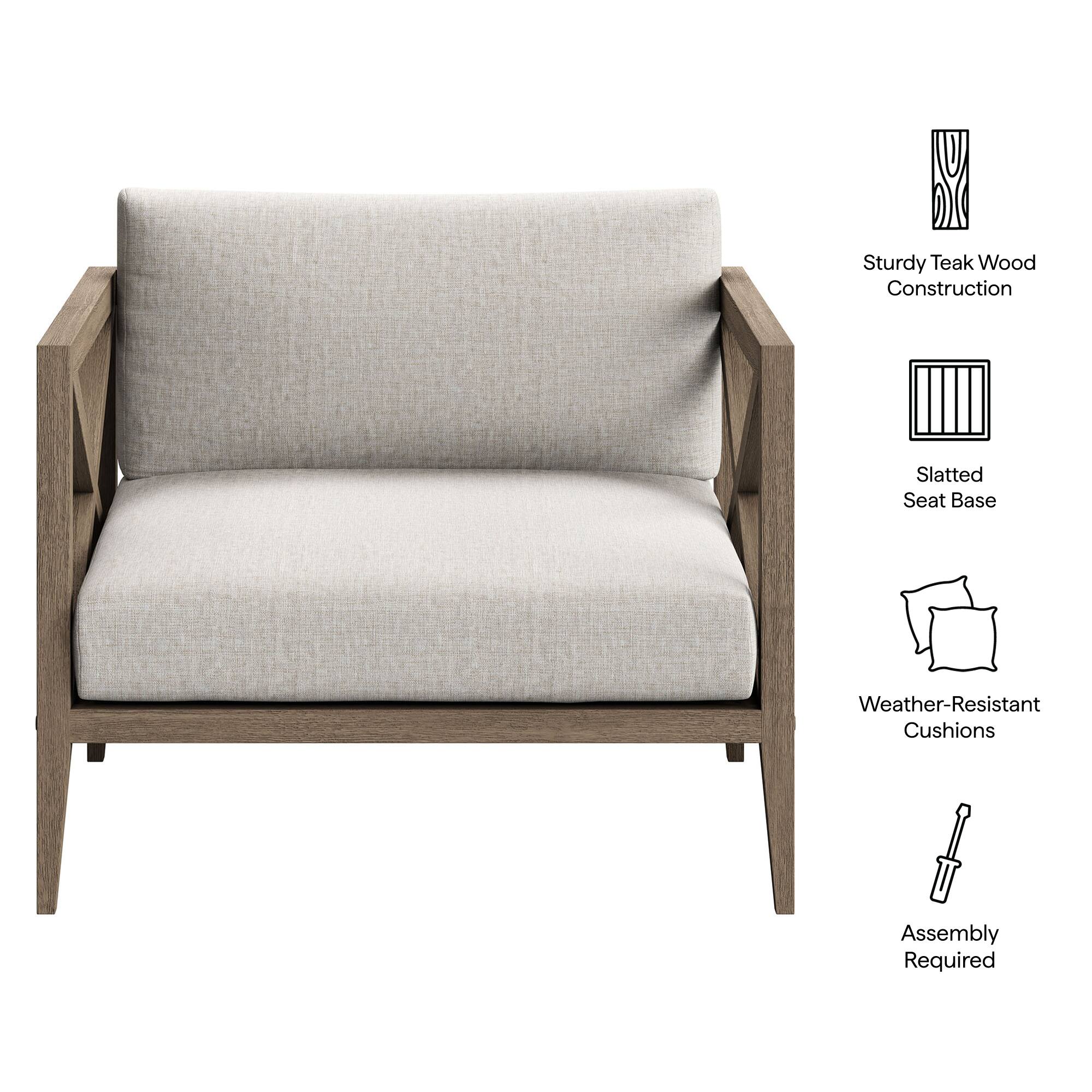 - Sturdy Teak Wood Construction
- Slatted Seat Base
- Weather-Resistant Cushions
- Assembly Required