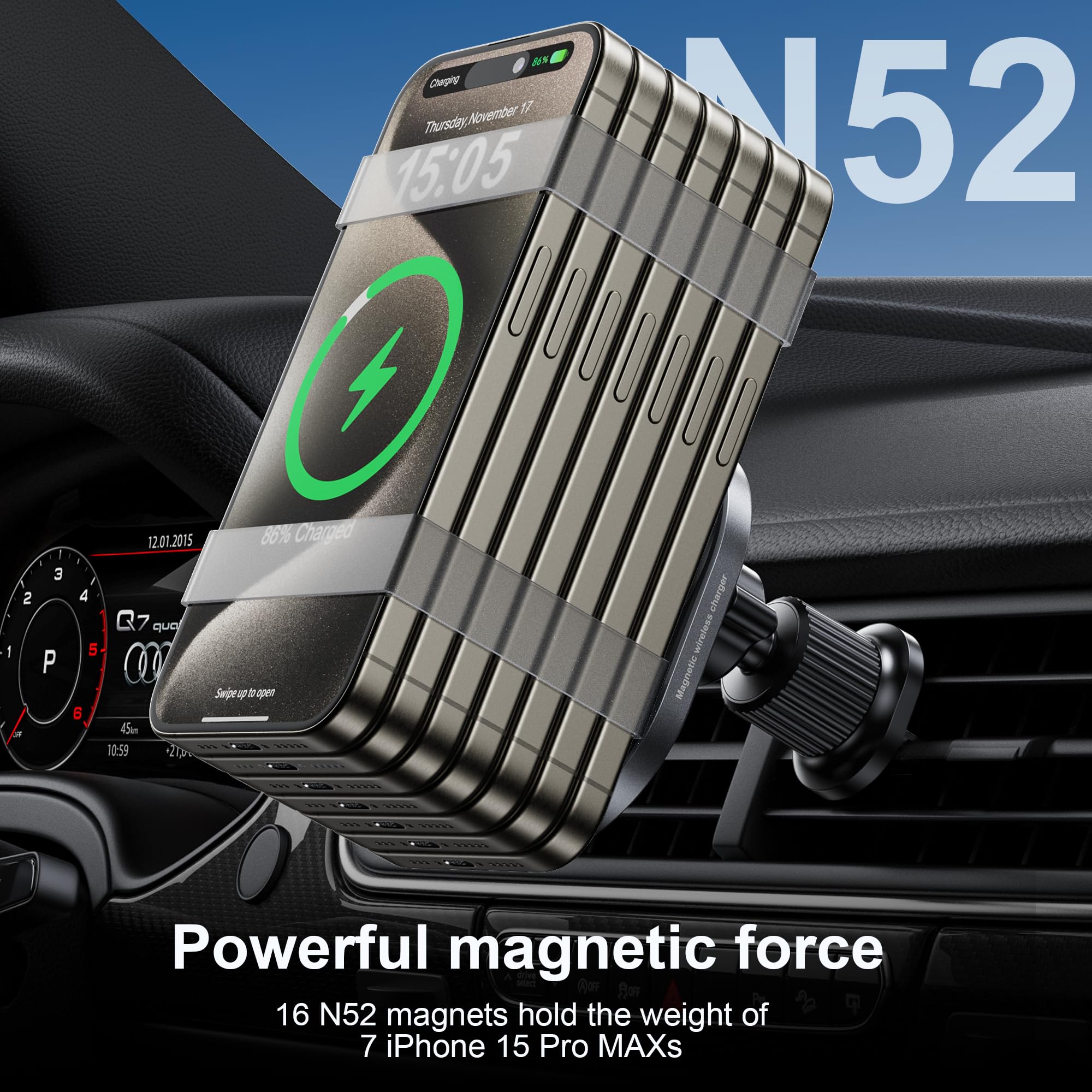 JN Chepis  
17 Thursday November 52  
15:05  
2 1 J 3 P 4 5 5 12.01.2015  
Q7 qUO  
10:59  
210 866% Charged  
Seipe  
aper charger mirolees  
Megmetic  
Powerful magnetic force  
16 N52 magnets hold the weight of 7 iPhone 15 Pro MAXs