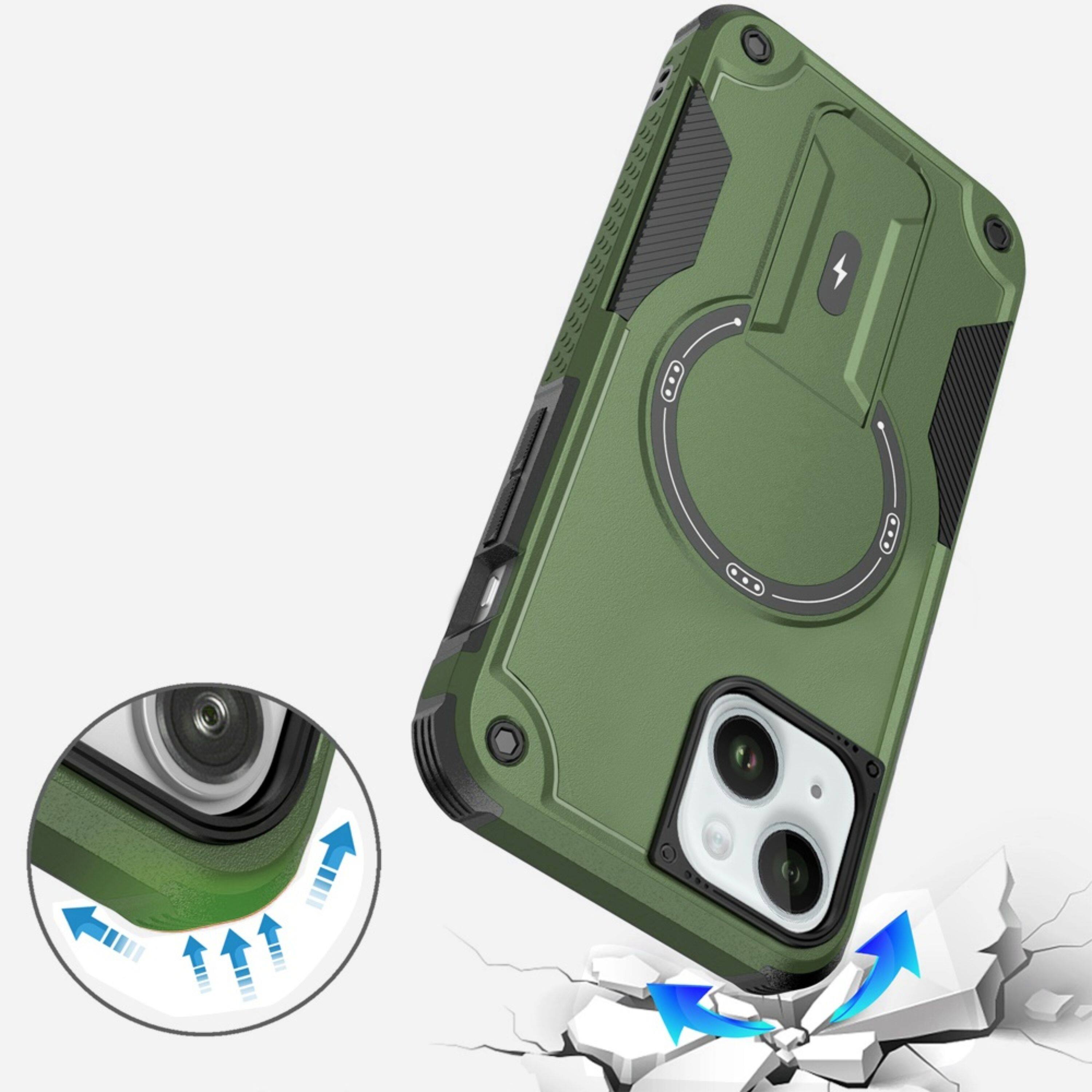 Left. Kitcheniva - Magnetic Circle Rugged Grip Kickstand Phone Case With 2 Pcs Tempered Glass For iPhone 15 Plus Midnight Green - Midnight Green.