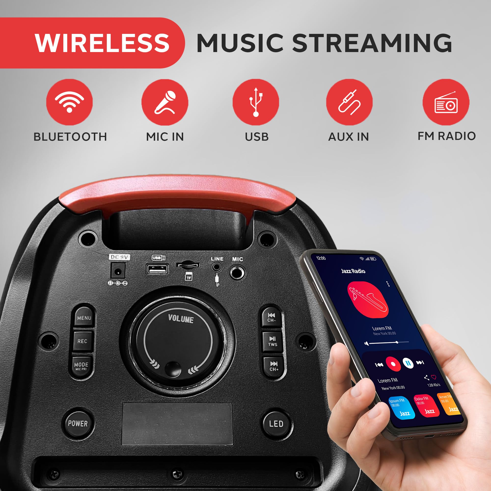 WIRELESS MUSIC STREAMING

BLUETOOTH MIC IN USB AUX IN FM RADIO

DC 3V USB LINE MIC

MENU REC VOLUME H CH- II TWE MI POWER LED

Lorem FM TM 056 New York 06:00 See Turk Golne TM heeTy wm7 2A n Jazz n bazz

Jazz Radio

Lorem FM New York 06:00

Lorem FM New York 06:00

Lorem FM New York 06:00

Lorem FM New York 06:00

Lorem FM New York 06:00

Lorem FM New York 06:00

Lorem FM New York 06:00

Lorem FM New York 06:00

Lorem FM New York 06:00

Lorem FM New York 06:00

Lorem FM New York 06:00

Lorem FM New York 06:00

Lorem FM New York 06:00

Lorem FM New York 06:00

Lorem FM New York 06:00

Lorem FM New York 06:00

Lorem