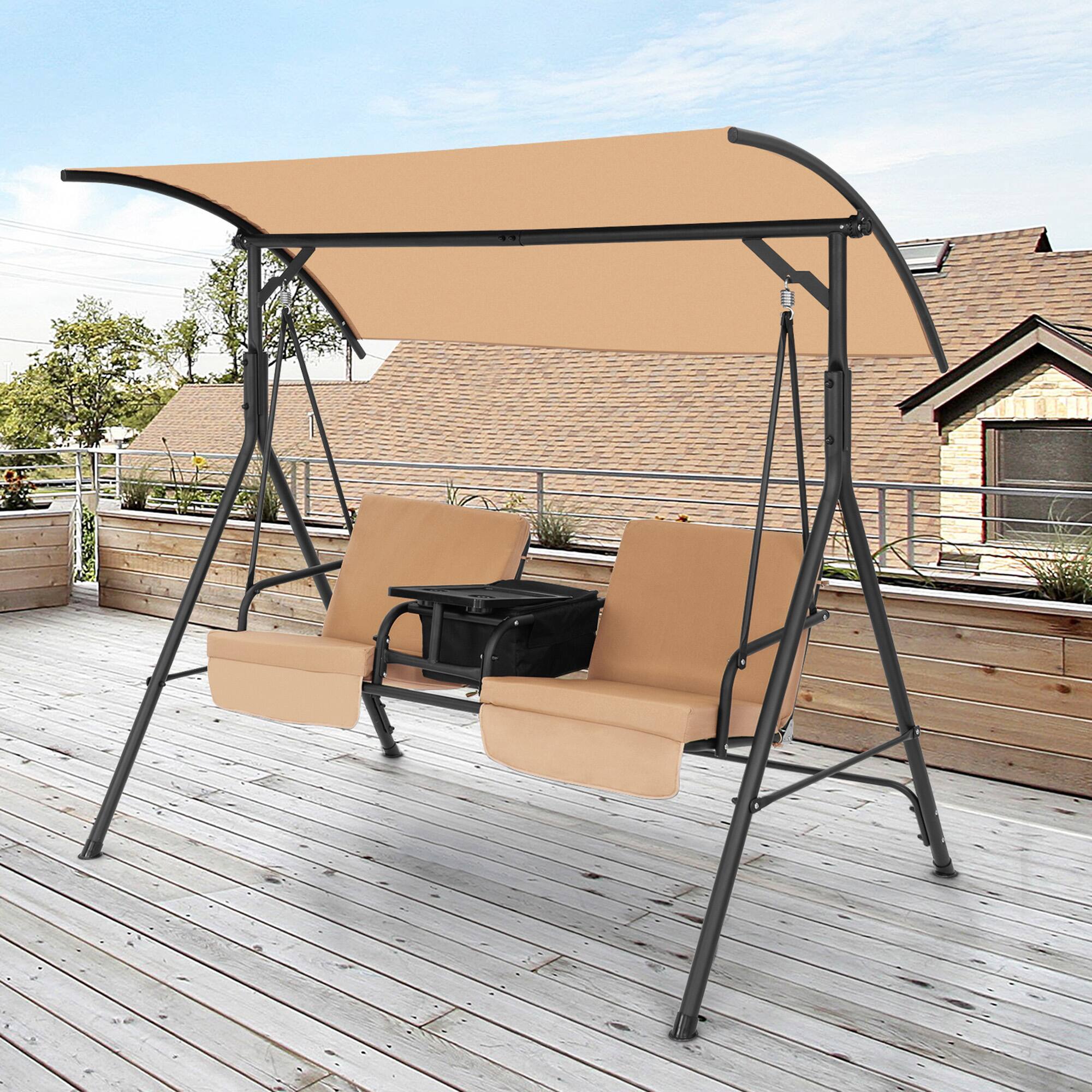 Alt View 8. Gymax - Gymax 2-Person Canopy Porch Swing Padded Chair Cooler Bag Rotatable Tray Beige - Beige.