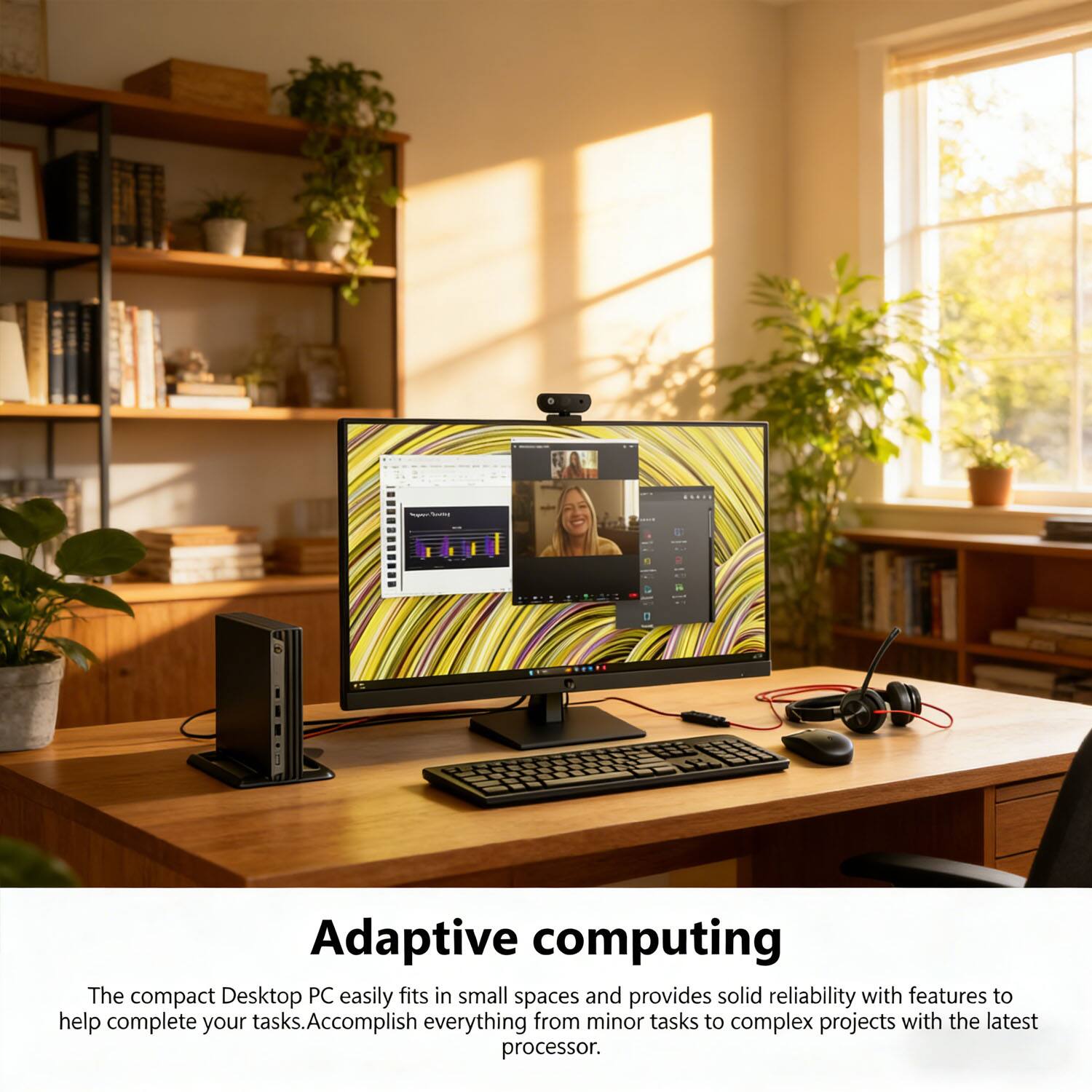 Adaptive computing

The compact Desktop PC easily fits in small spaces and provides solid reliability with features to help complete your tasks. Accomplish everything from minor tasks to complex projects with the latest processor.