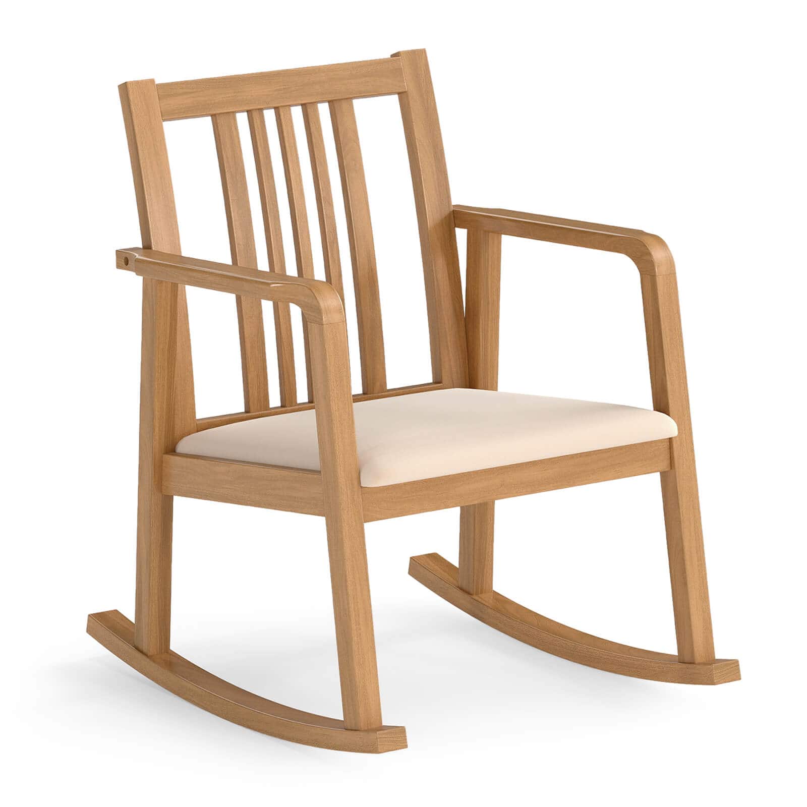 Costway - 1 PCS Rocking Chair with Cushioned Seat, Slatted Back & Curved Armrests for Living Room - Natural + Beige