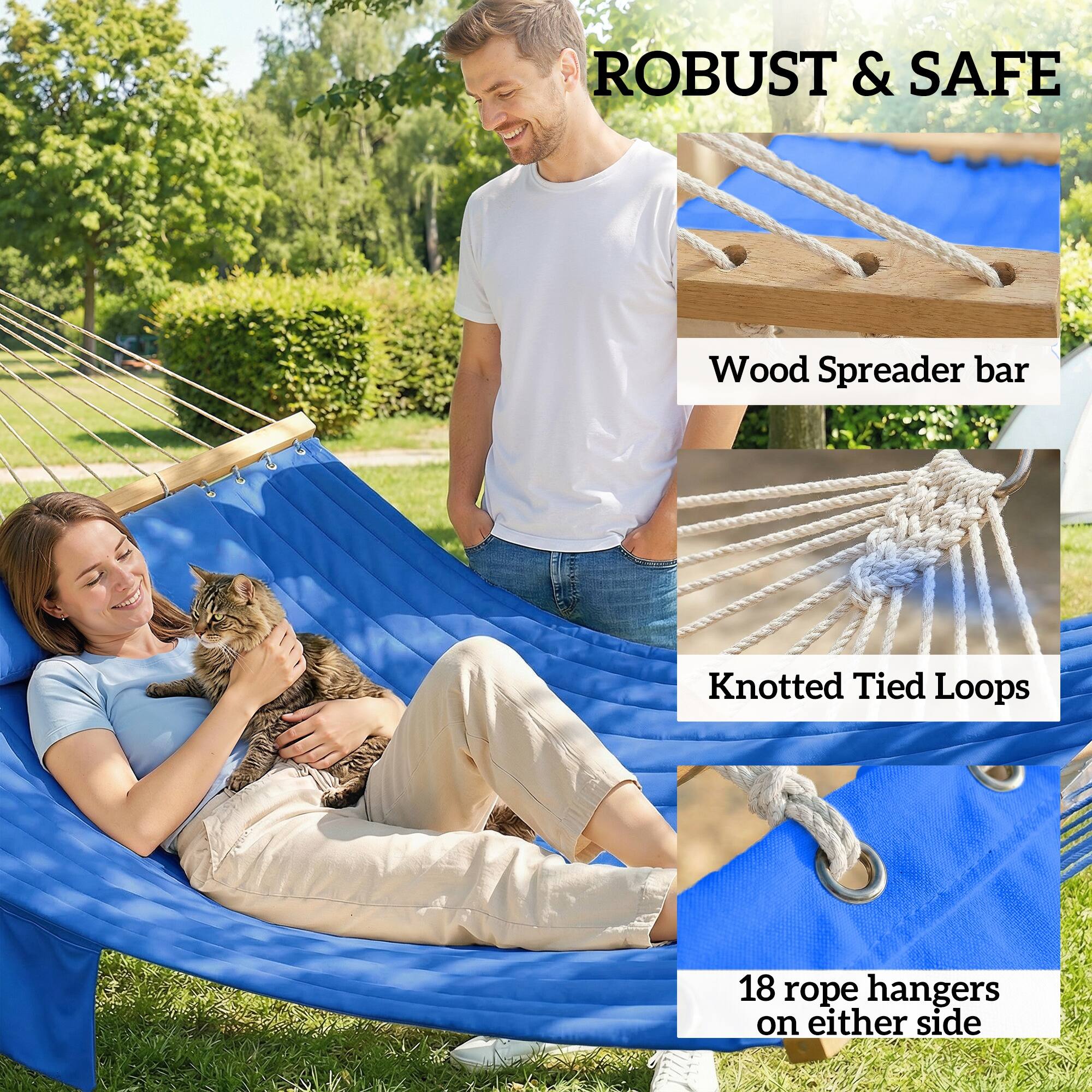 ROBUST & SAFE  
Wood Spreader bar  
Knotted Tied Loops  
18 rope hangers on either side