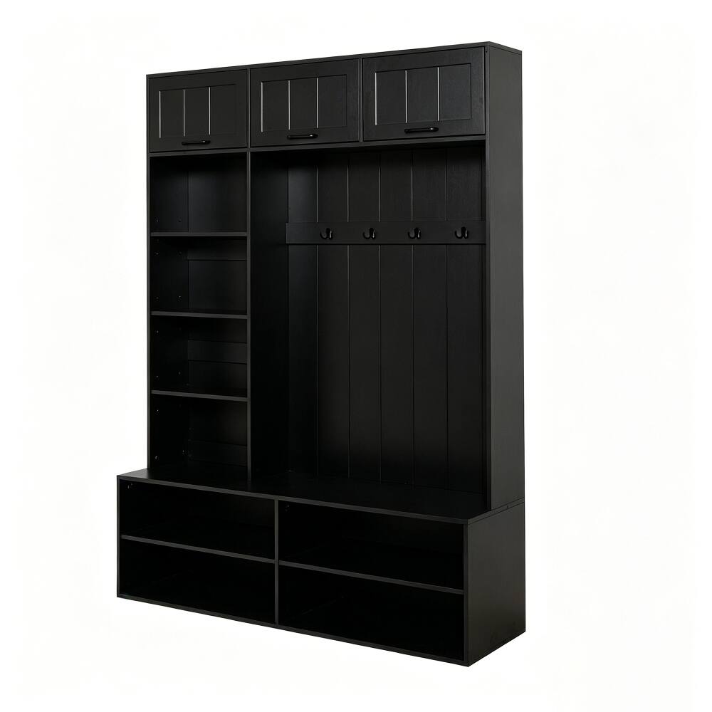 Alt View 3. Loheer - Loheer 5-in-1 entryway bench with coat rack, farmhouse hall tree with bench and shoe storage, 76.9 inch tall, Black - Black.