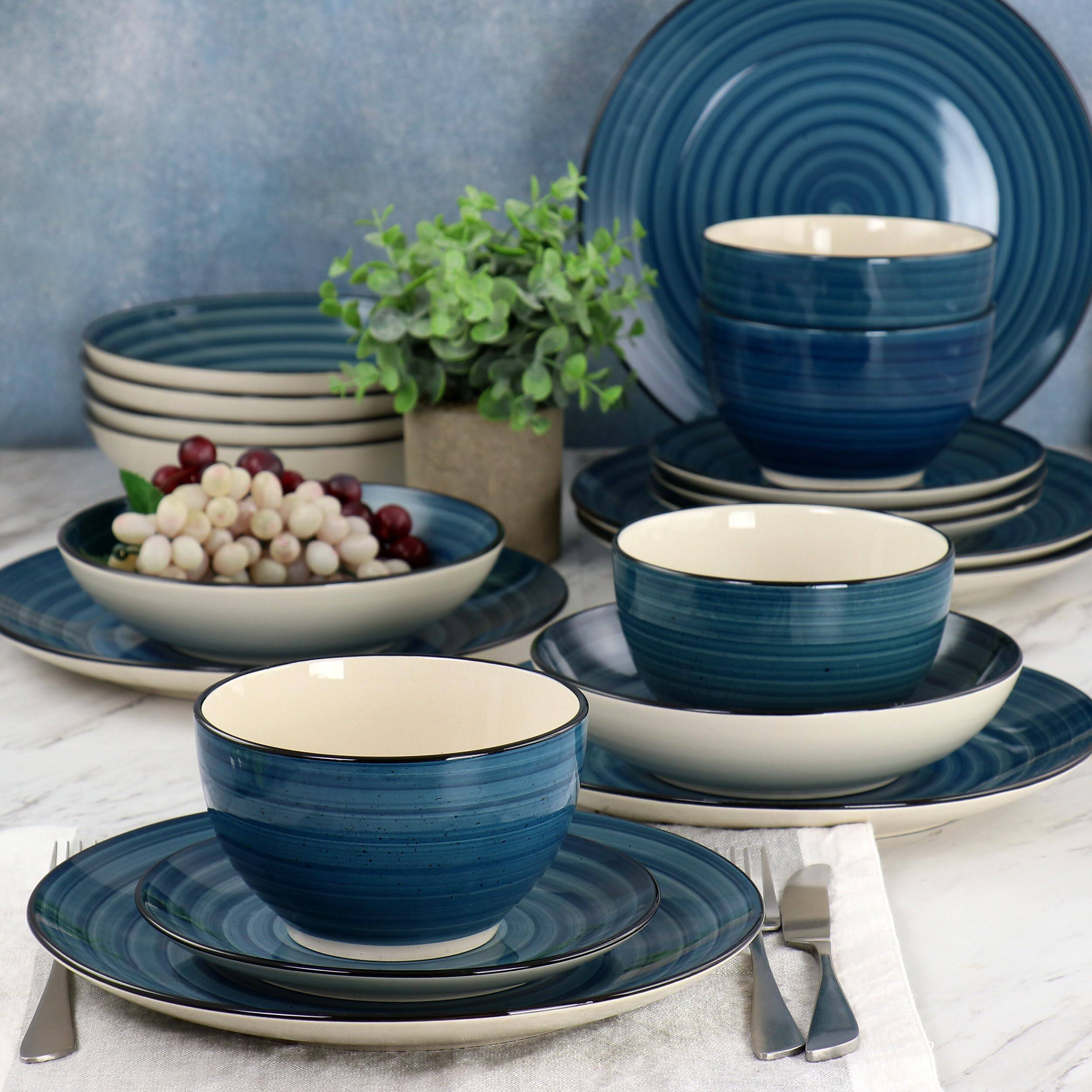 Alt View 2. Dazzed Corner - 24 Piece Round Stoneware Dinnerware Set - Dark Blue.
