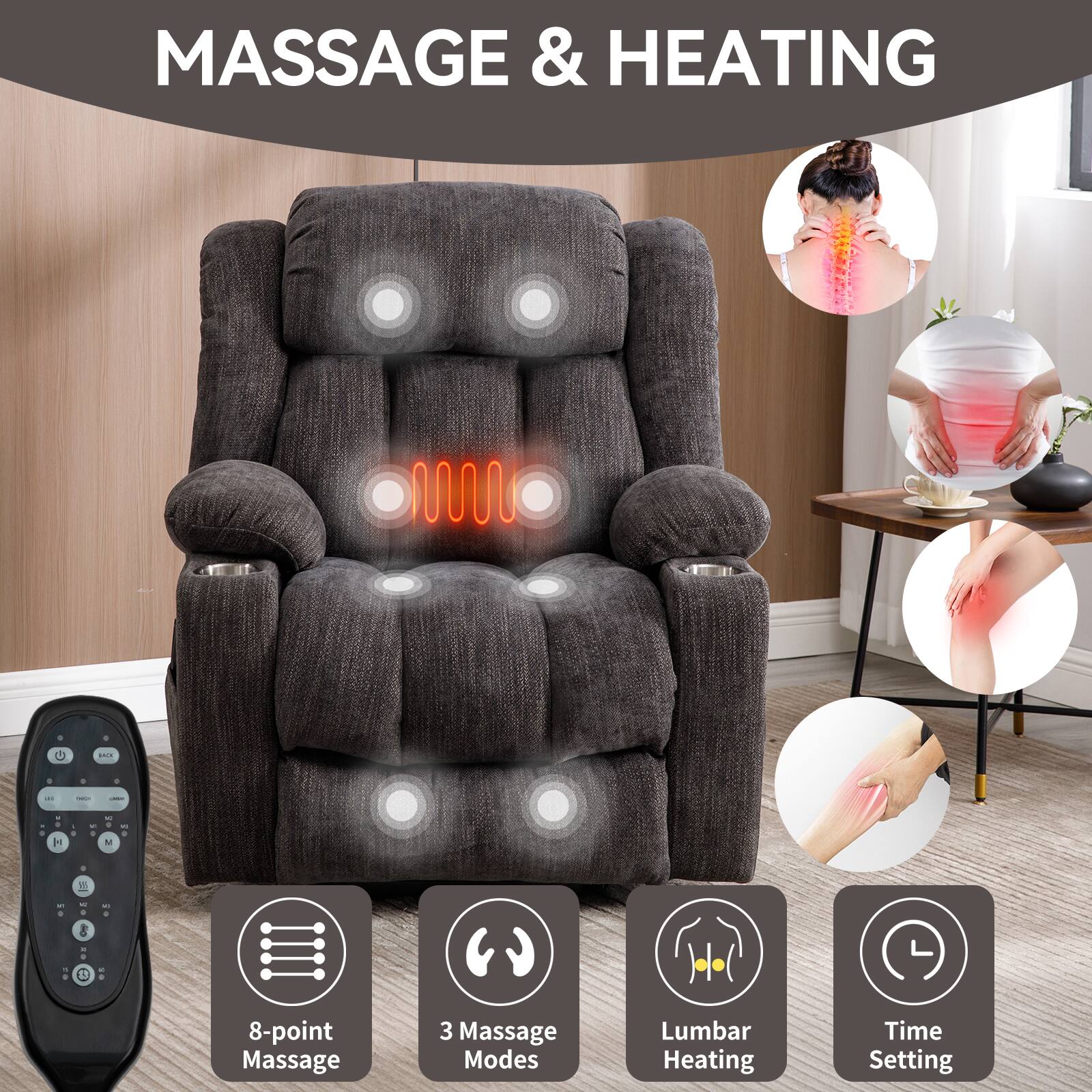 MASSAGE & HEATING

8-point Massage  
3 Massage Modes  
Lumbar Heating  
Time Setting