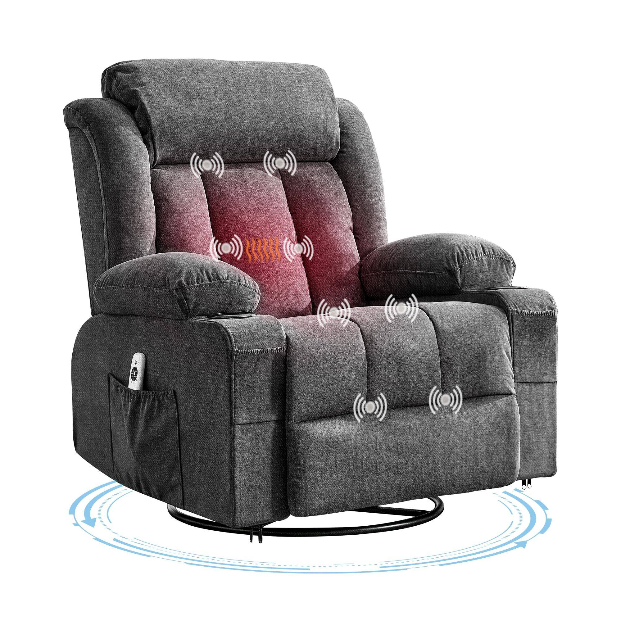 Alt View 8. Acekool - 360° Manual Swivel Recliner Chair with Heat & Massage, 3-Position Recline, Widen Overstuffed Single Sofa - Grey.