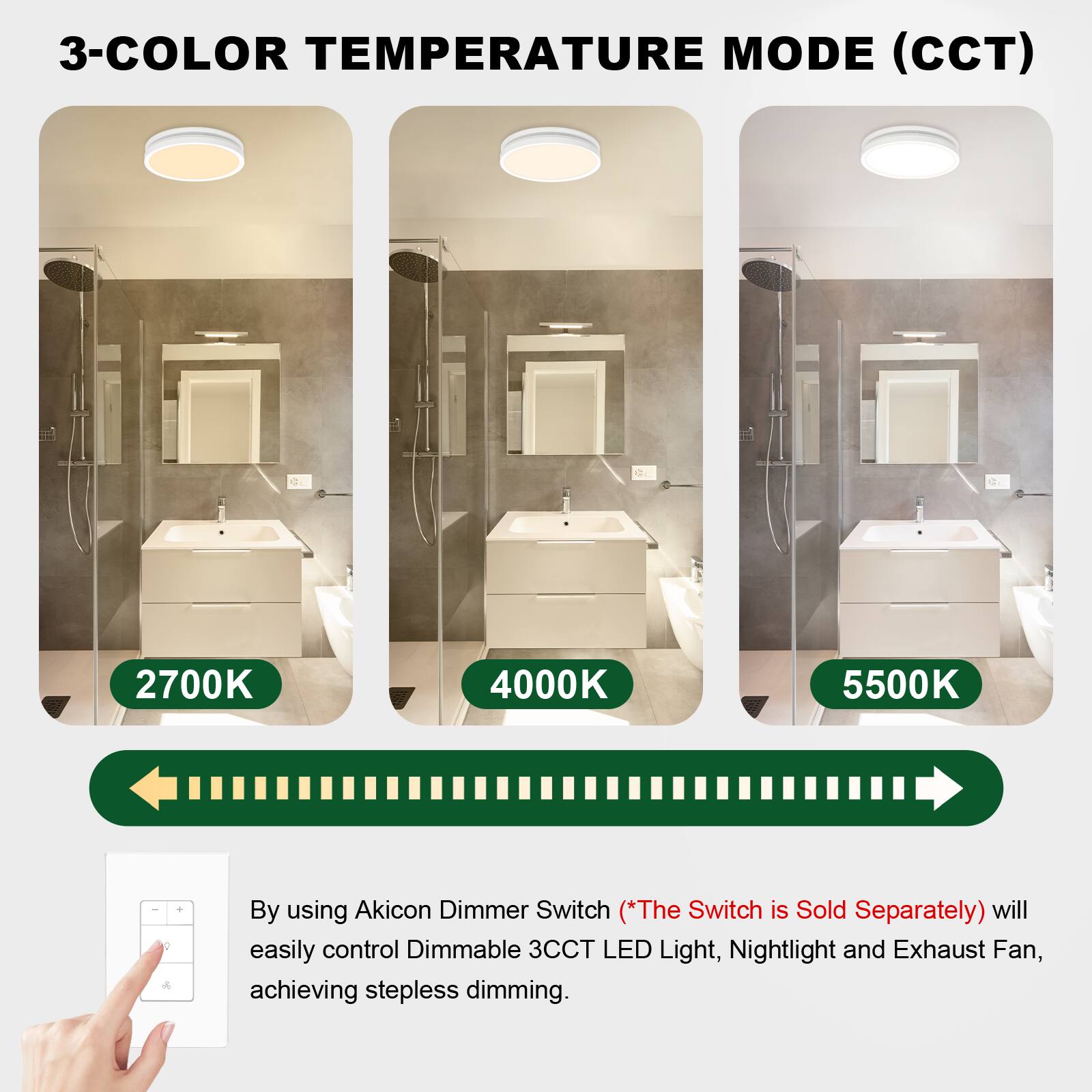 3-COLOR TEMPERATURE MODE (CCT)

2700K 4000K 5500K

By using Akicon Dimmer Switch (*The Switch is Sold Separately) will easily control Dimmable 3CCT LED Light, Nightlight and Exhaust Fan, achieving stepless dimming.