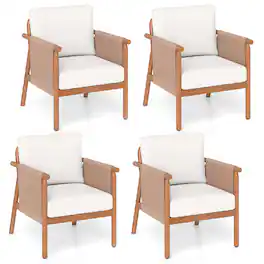 Gymax - 4PCS Patio Acacia Wood Chair w/ Woven Rope Armrests & Seat Back Cushions - White