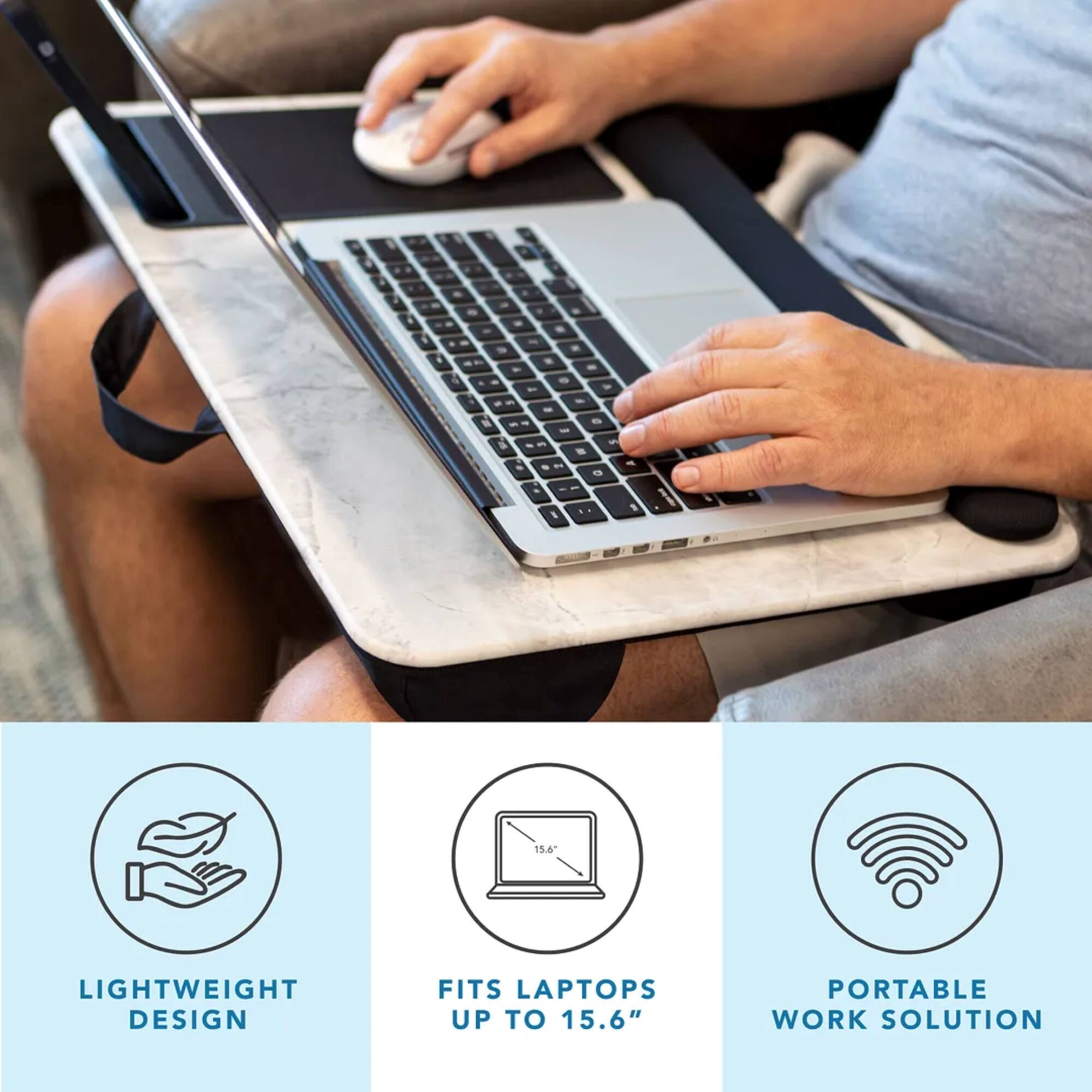 The text on the image reads: "Lightweight Design Fits Laptops Up to 15.6" Portable Work Solution."