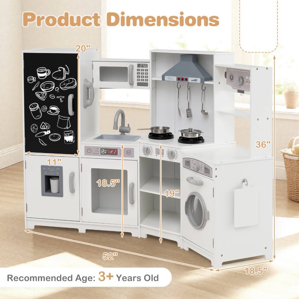 Product Dimensions:  
- Height: 52"  
- Width: 36"  
- Depth: 20"  
- Width of Refrigerator: 11"  
- Width of Oven: 18.5"  
- Width of Sink: 19"  
- Width of Washing Machine: 18.5"  

Recommended Age: 3+ Years Old