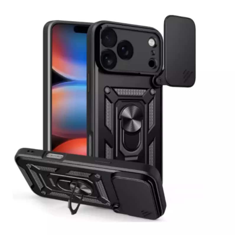 Gravity Ridge - for iPhone 15 Plus Phone Case Slide Camera Cover with Ring Stand, Heavy Duty Military Grade Shockproof Cover - Black