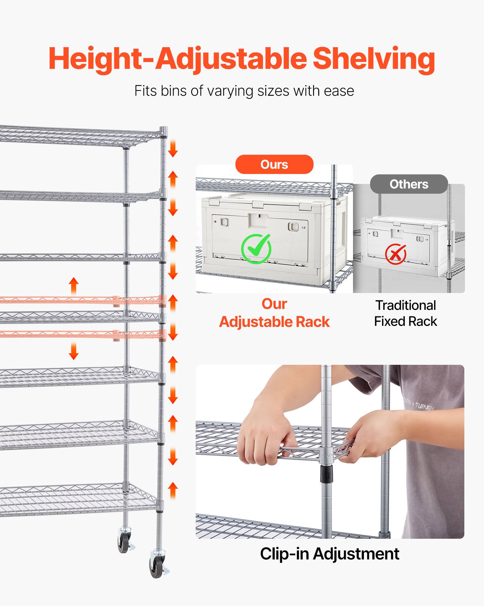 Height-Adjustable Shelving  
Fits bins of varying sizes with ease  

Ours  
Our Adjustable Rack  

Others  
Traditional Fixed Rack  

Clip-in Adjustment