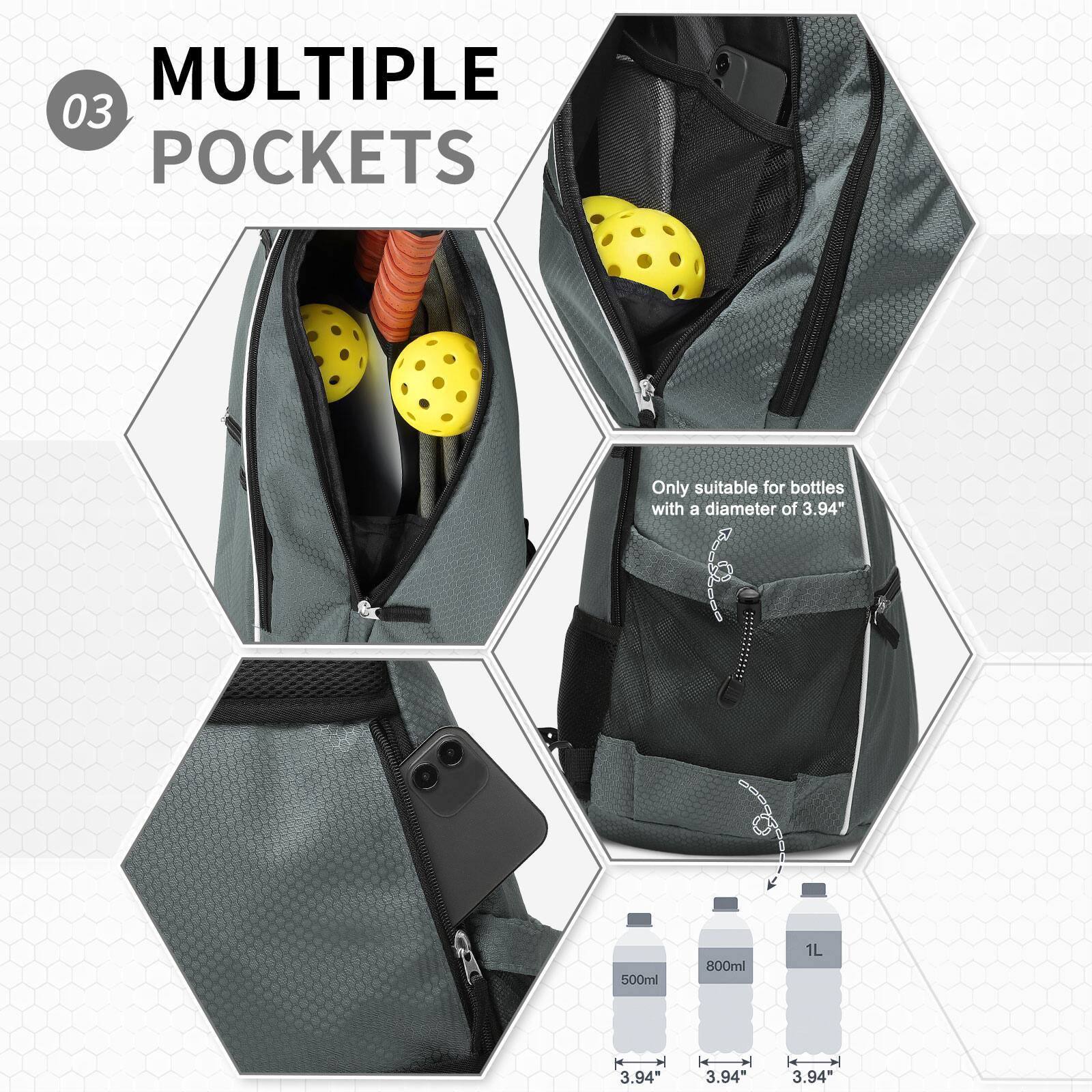 MULTIPLE POCKETS

Only suitable for bottles with a diameter of 3.94"

500ml 800ml 1L

3.94" 3.94" 3.94"