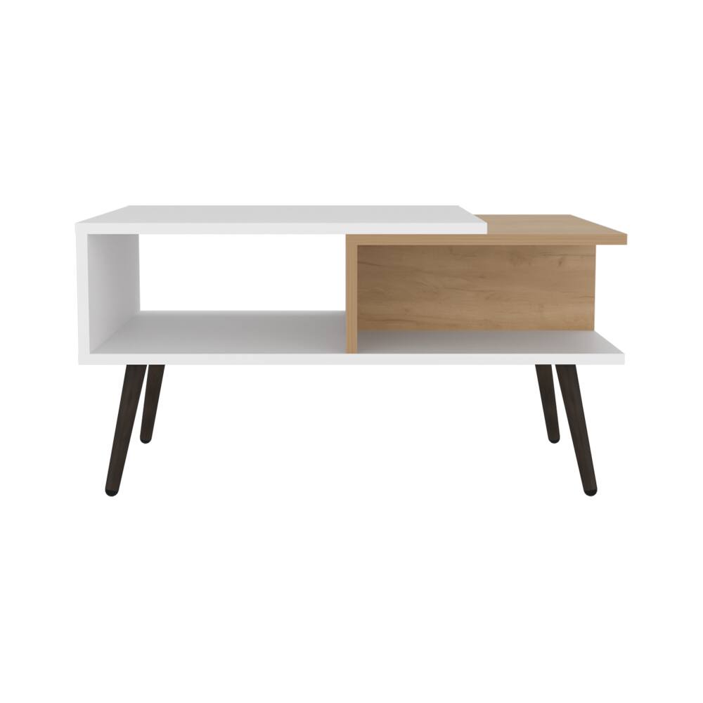 Front. TuHome - Aranjuez 29" Wide Coffee Table With Three Shelves, Rectangular, Living Room - Natural Oak - White - Black.