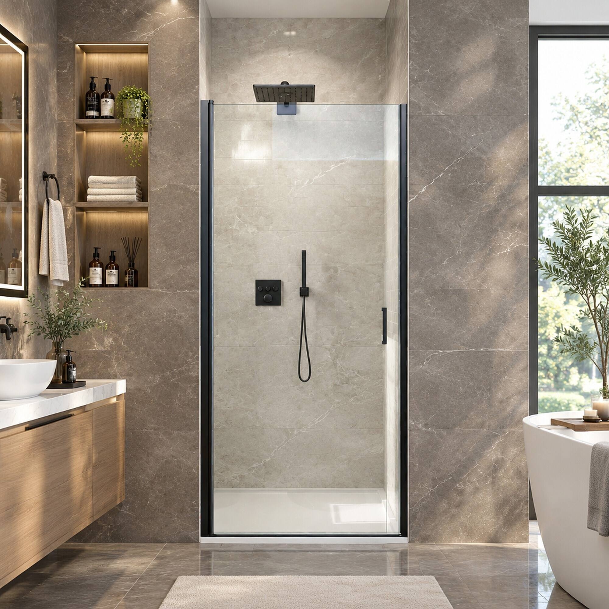 Alt View 2. RYHNUYNE - 34 In W X 72 In H Semi-Frameless Circular Pivot Shower Door, 1/4 In Clear Tempered Glass Matte Black Finish - Matte Black.