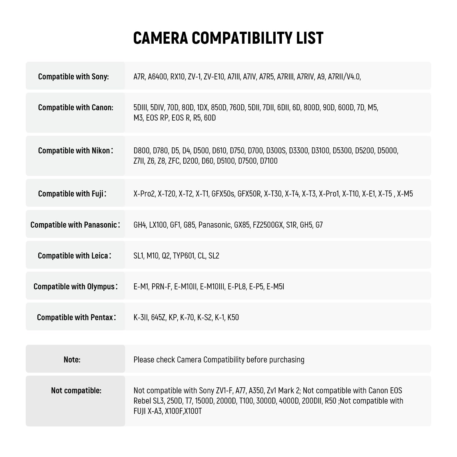 CAMERA COMPATIBILITY LIST

Compatible with Sony:
A7R, A6400, RX10, ZV-1, ZV-E10, A7III, A7IV, A7R5, A7RIII, A7RIV, A9, A7RII/V4.0

Compatible with Canon:
5DIII, 5DIV, 70D, 80D, 1DX, 850D, 760D, 5DII, 7011, 6DII, 6D, 800D, 90D, 600D, 70, M5, M3, EOS RP, EOS R, R5, 60D

Compatible with Nikon:
D800, D780, D5, D4, D500, D610, D750, D700, D300S, D3300, D3100, D5300, D5200, D5000, Z7II, Z6, Z8,