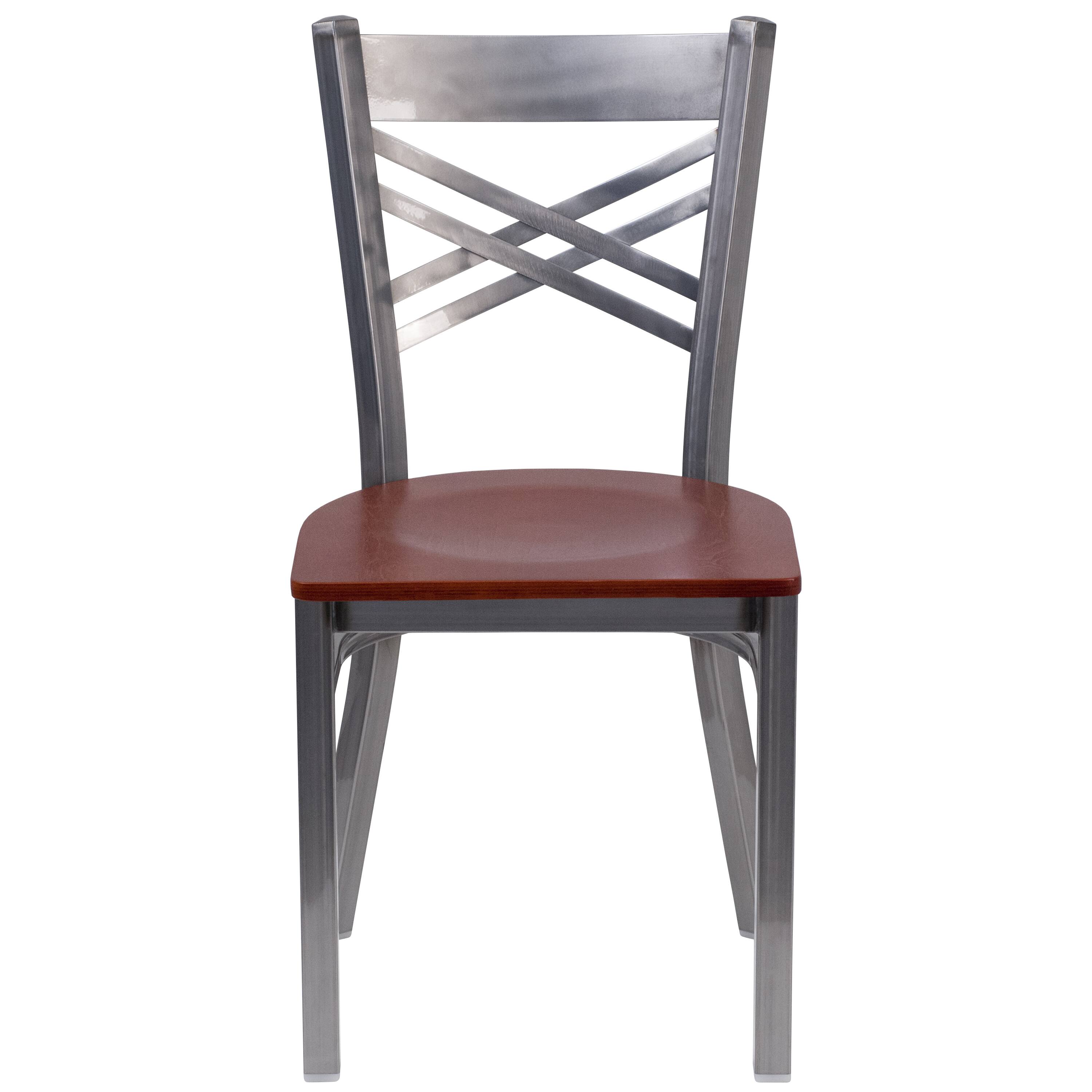 Alt View 5. Emma + Oliver - Clear Coated "X" Back Metal Restaurant Dining Chair - Cherry Wood Seat/Clear Coated Metal Frame.