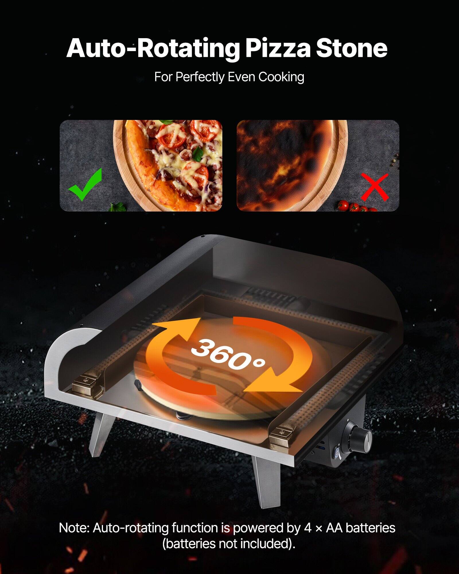 Auto-Rotating Pizza Stone  
For Perfectly Even Cooking  

Note: Auto-rotating function is powered by 4 x AA batteries (batteries not included).
