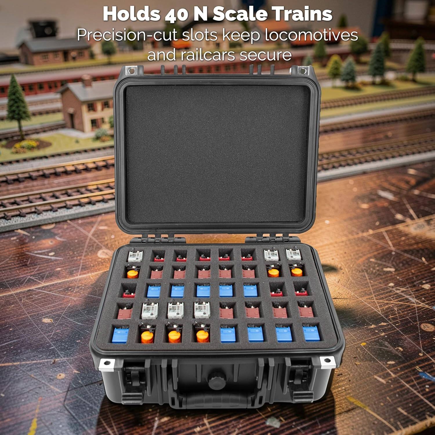 Holds 40 N Scale Trains  
Precision-cut slots keep locomotives and railcars secure